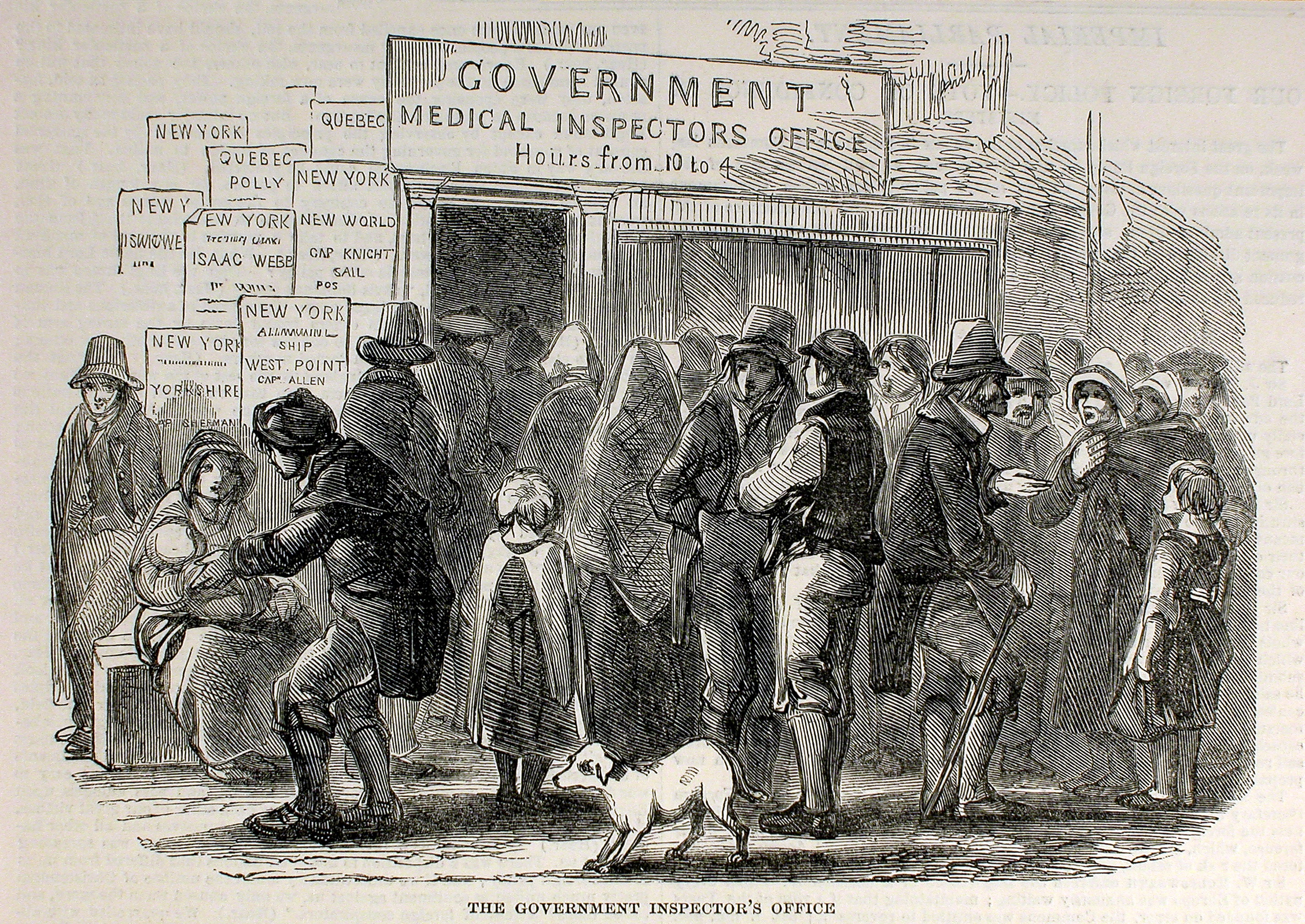 Immigrants wait in front of an office of medical inspection.