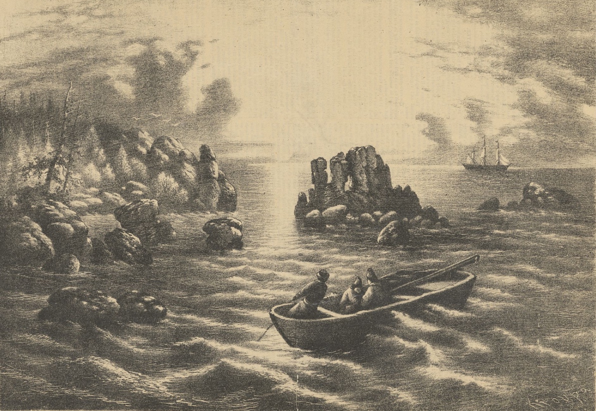 Engraving representing sailors who row in a boat near an island in the very rocky accesses.