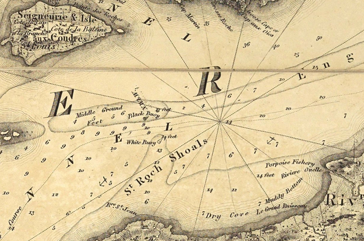 Extrait d'une carte ancienne où l'auteur précise l'emplacement de bouées et la profondeur des eaux.