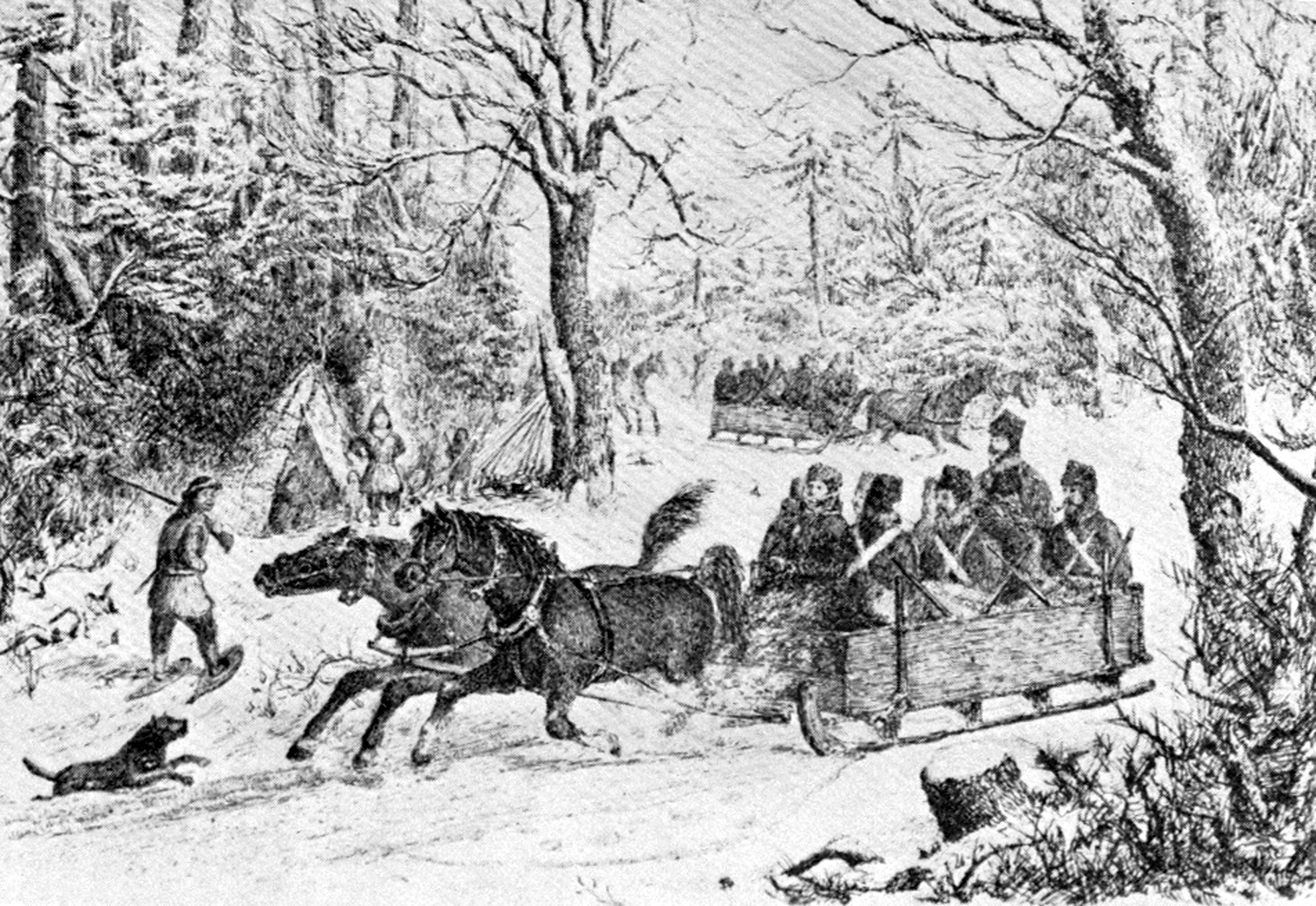Gravure représentant un convoi de militaires dans une carriole tirée par deux chevaux.