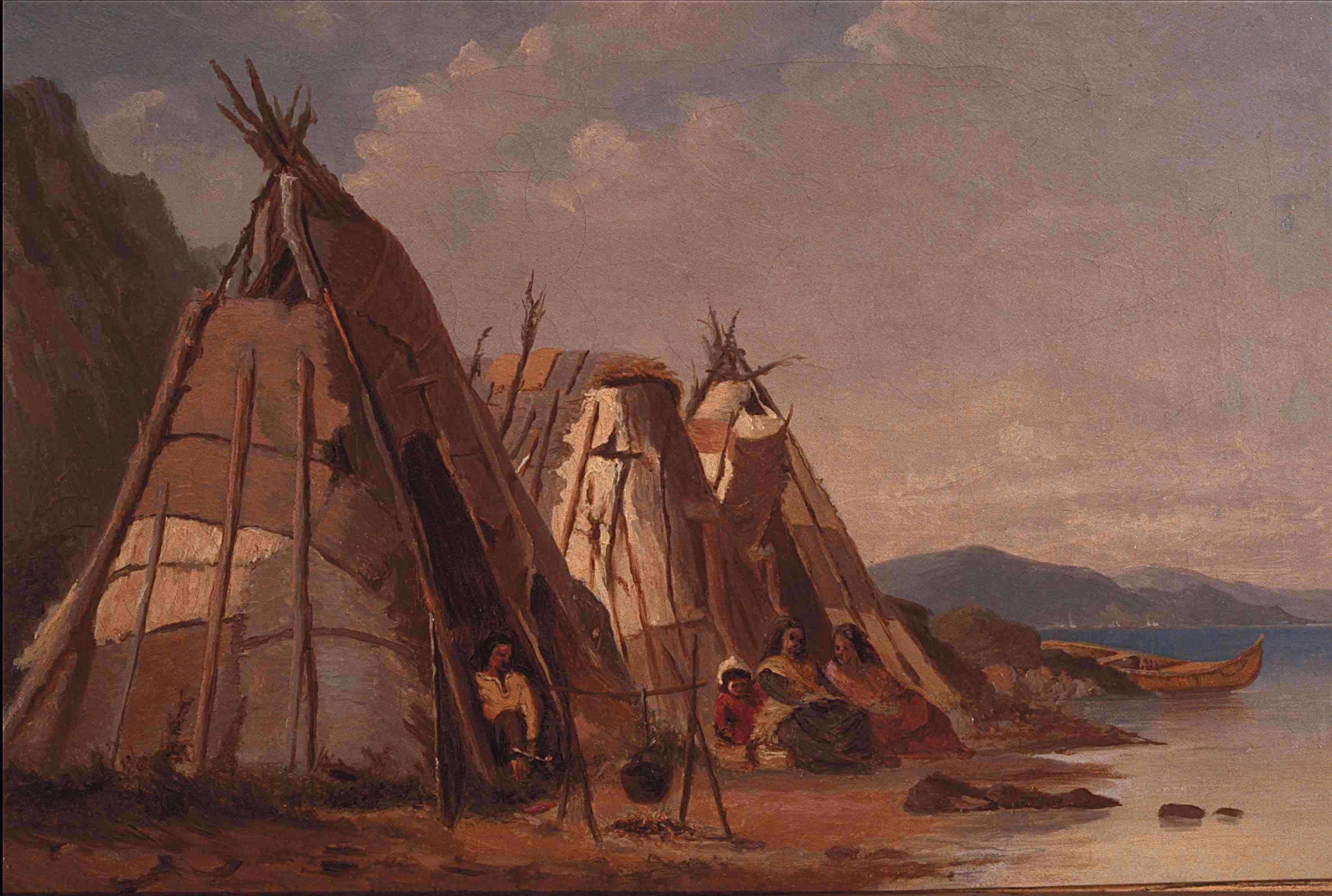 Painting of Aboriginal families in front of wigwams on a beach.