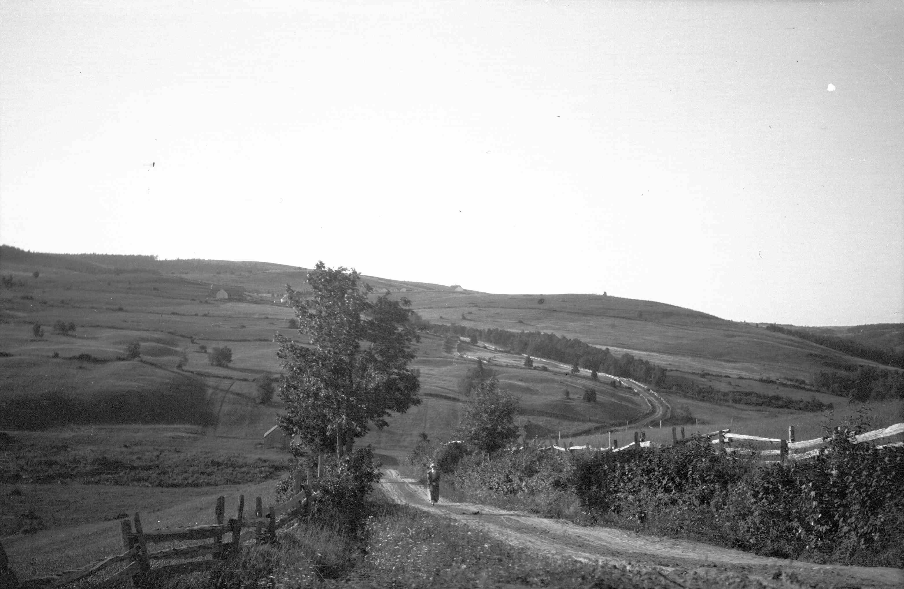 A woman walking down a dirt road in hilly country.