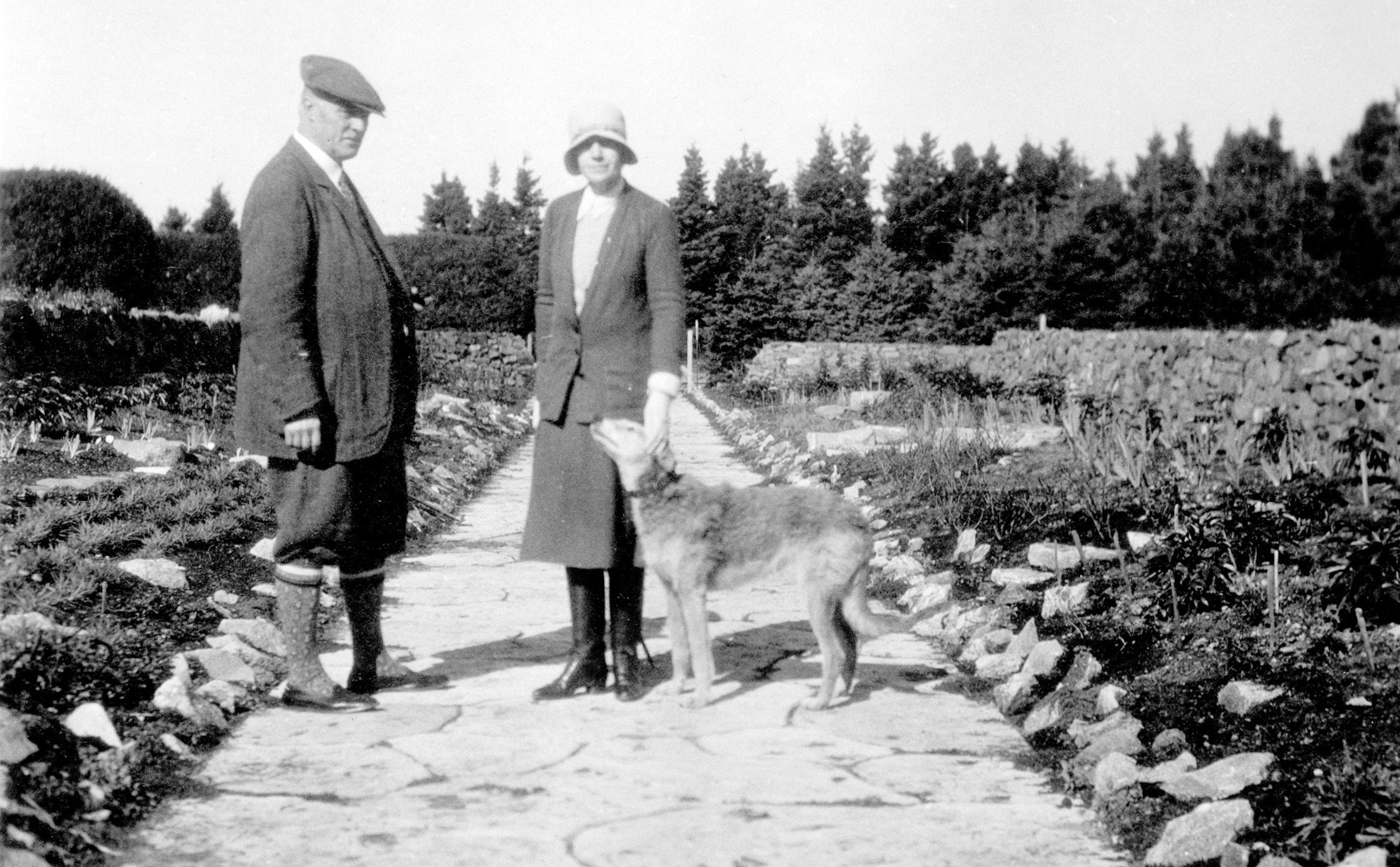 A man and a woman with a dog stand on the wide walkway of a large garden.