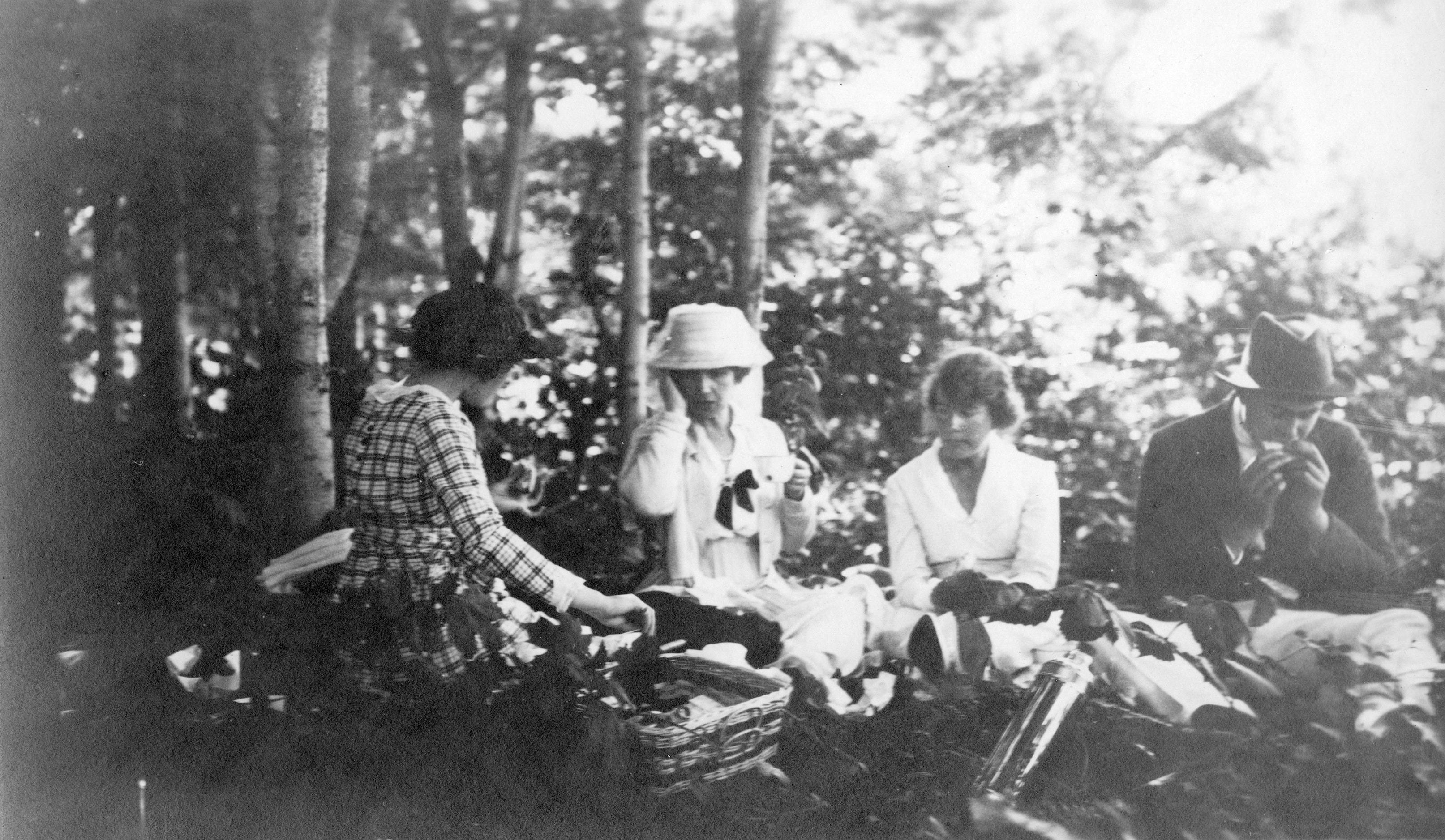 Three women and a man are sitting in the woods having a picnic. A basket and a thermos bottle are in the foreground.