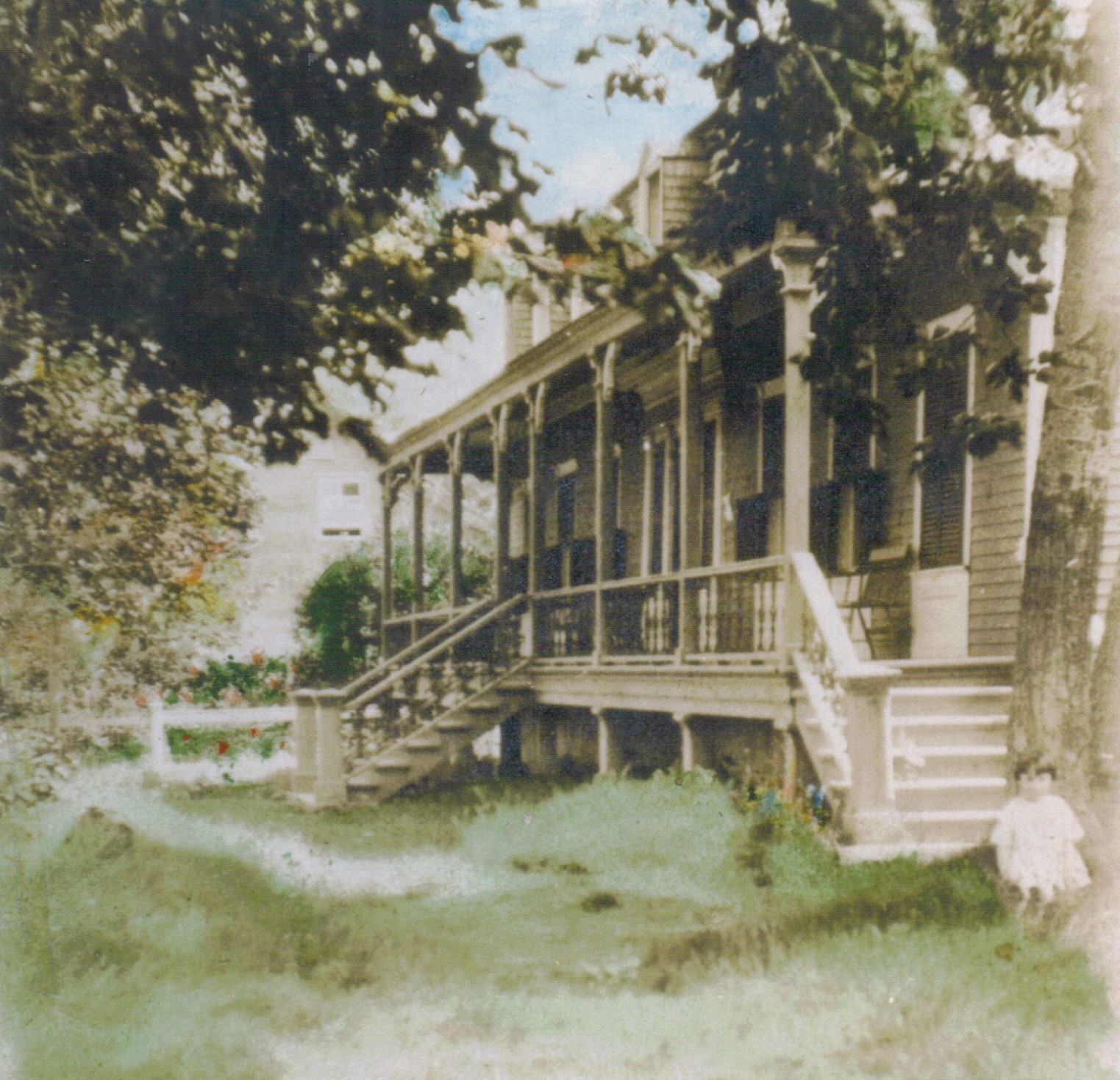 Painted photograph of a residence with a large gallery, surrounded by vegetation.