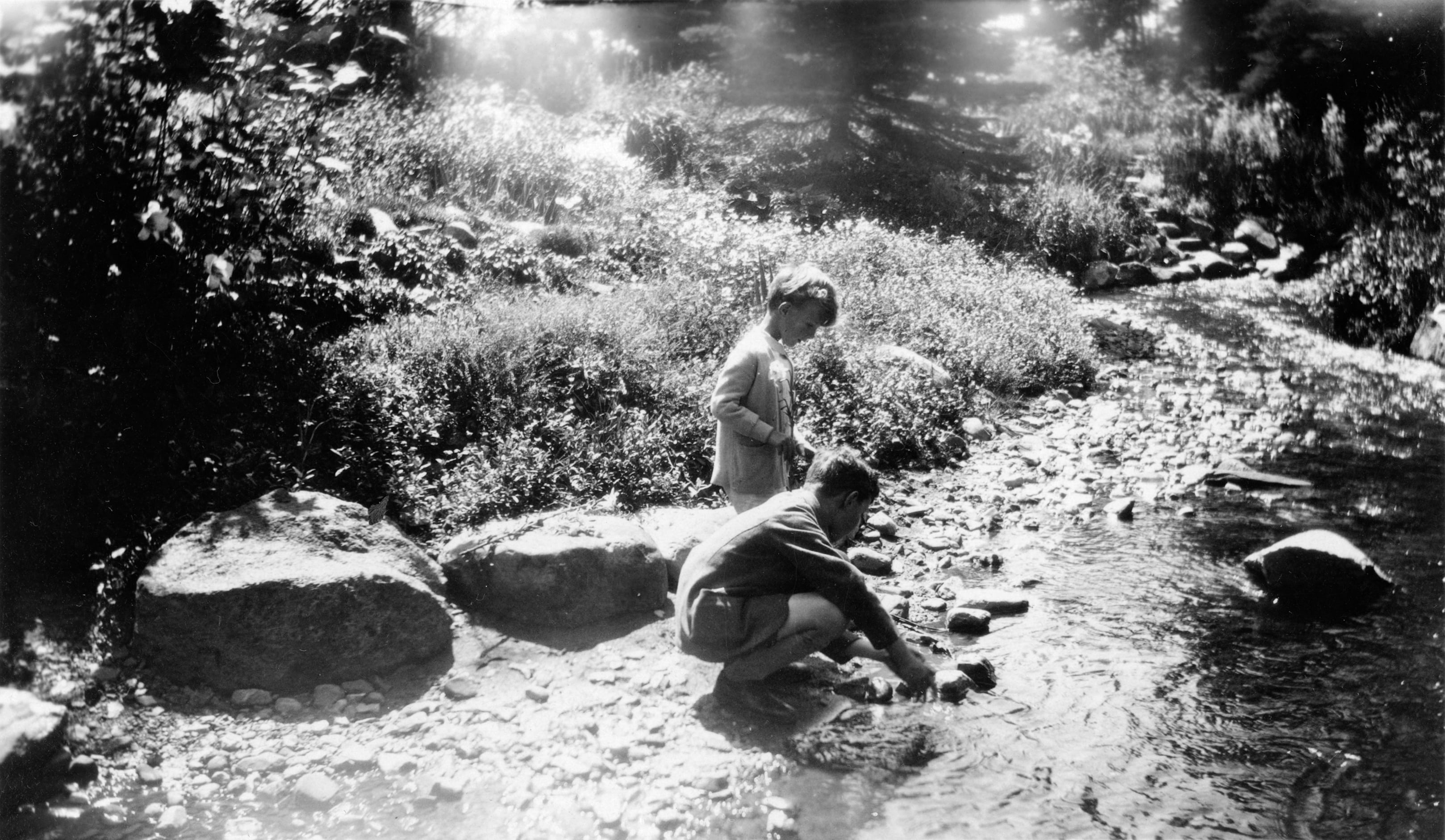 Two children play in a stream in a leafy wood.