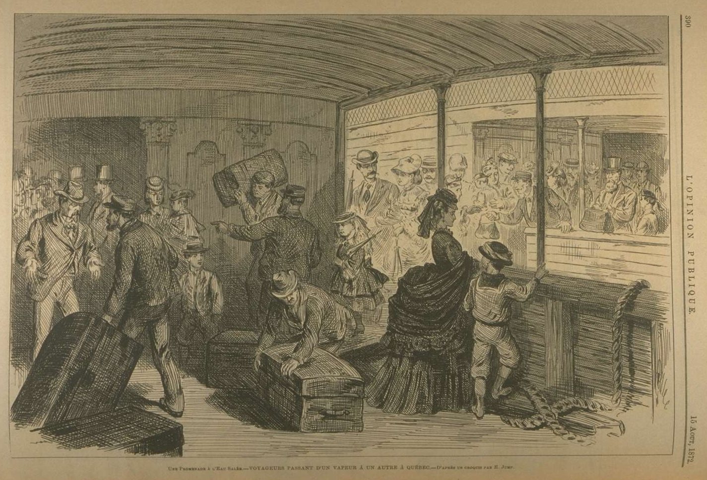 An engraving of employees busily loading suitcases a ship’s deck as passengers arrive.