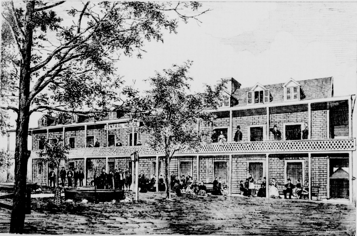 Black and white engraving representing a modest-looking hotel.