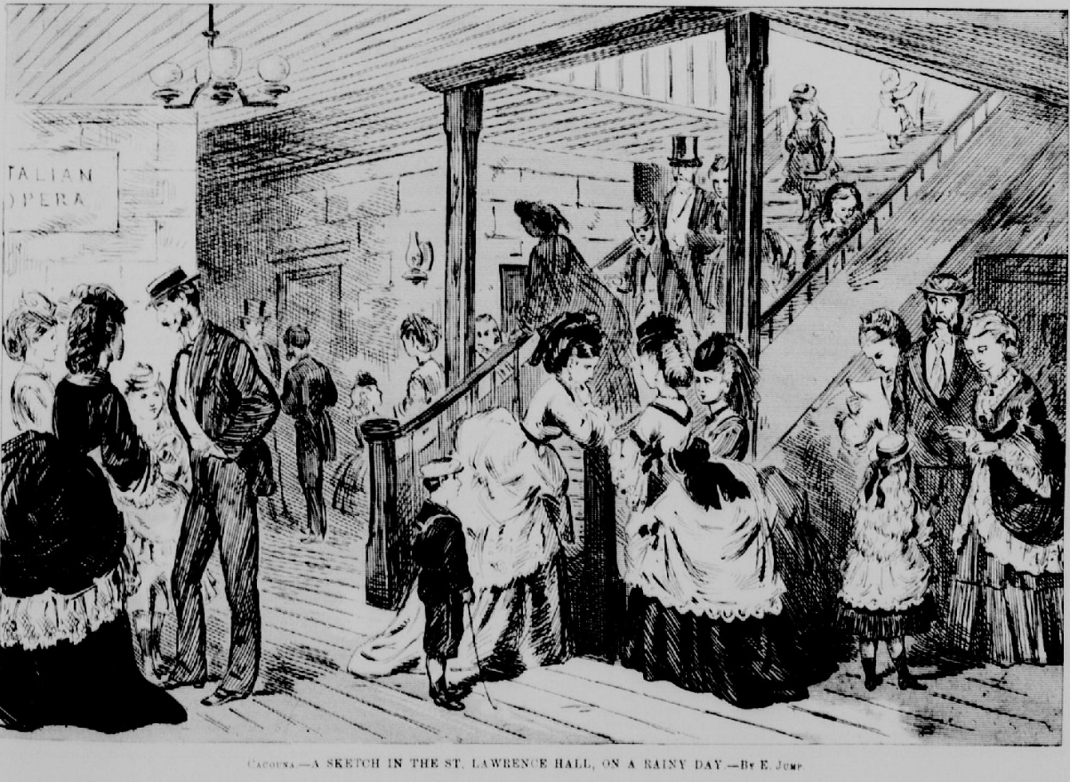 Black and white engraving of the interior of a luxurious hotel frequented by a rich clientele.