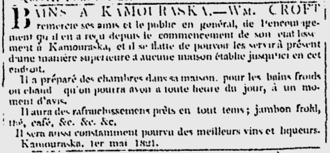 Image of newspaper announcement for "Baths at Kamouraska", in French.