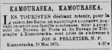 Image of the newspaper announcement "Kamouraska, Kamouraska", in French.