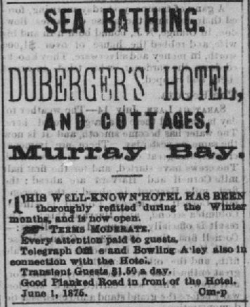 Image of newspaper announcement, in English, for Duberger’s Hotel and Cottages