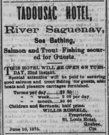 Image de l'annonce Hôtel Tadoussac tirée d'un journal ancien, en anglais.