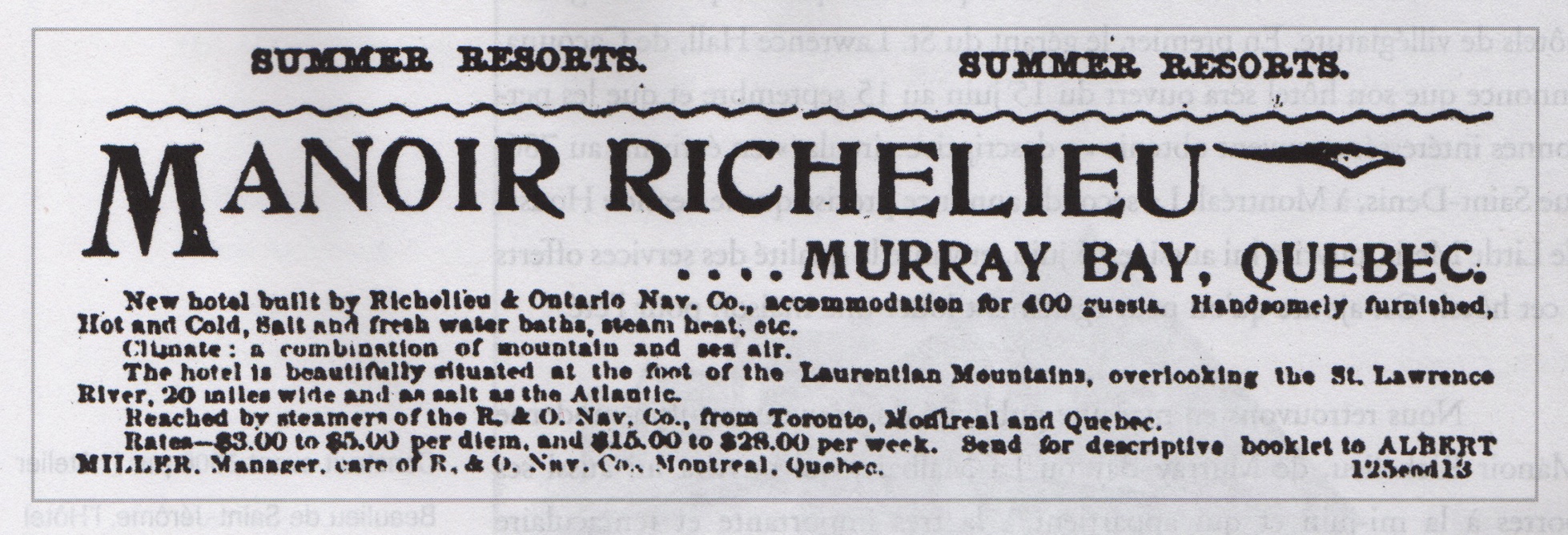 Image of newspaper announcement for Manoir Richelieu hotel (original English version).