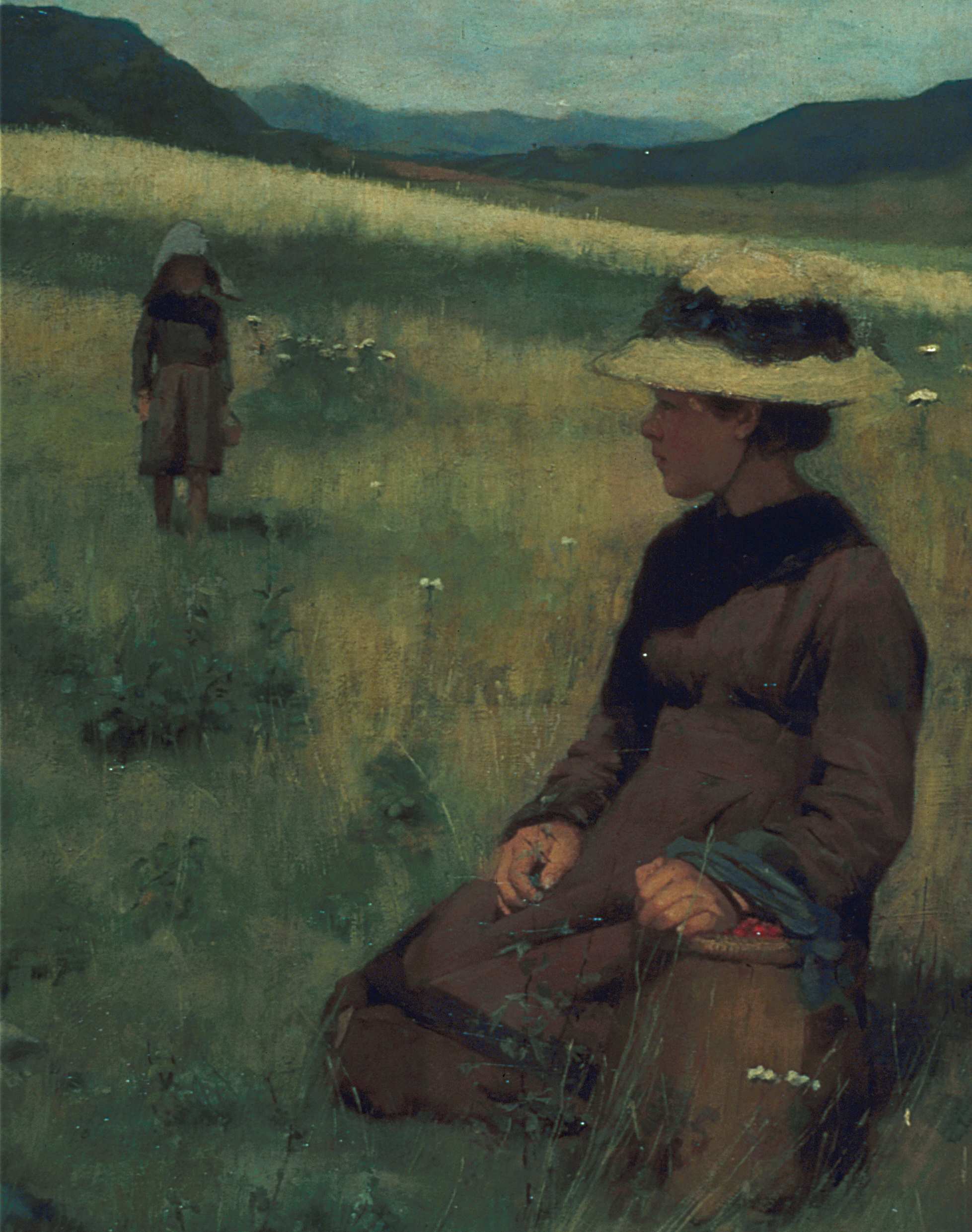 Painting of a kneeling girl picking strawberries in a field, with dark hills in the background.