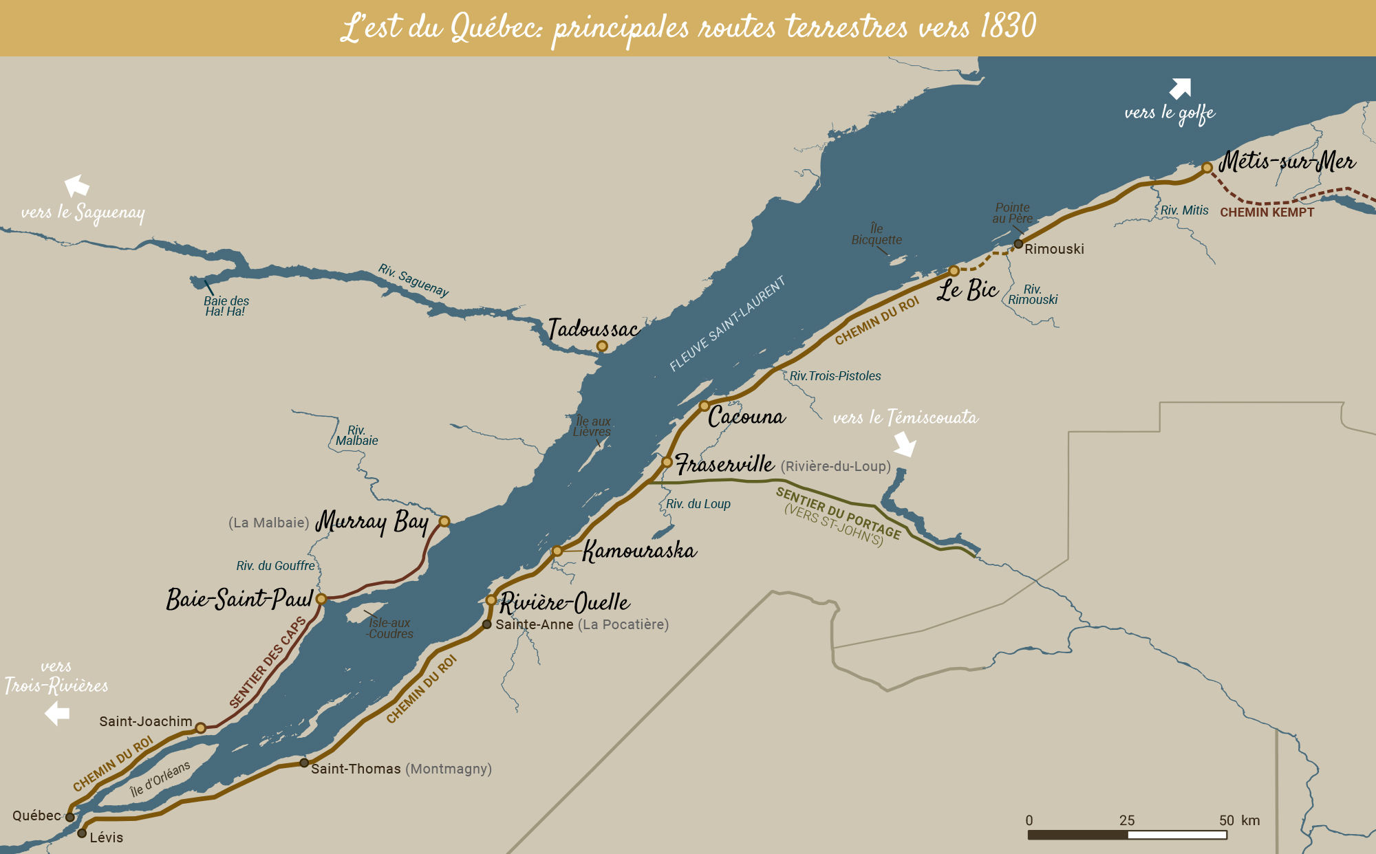 Carte en couleurs de l’est du Québec présentant les principales routes construites vers 1830.