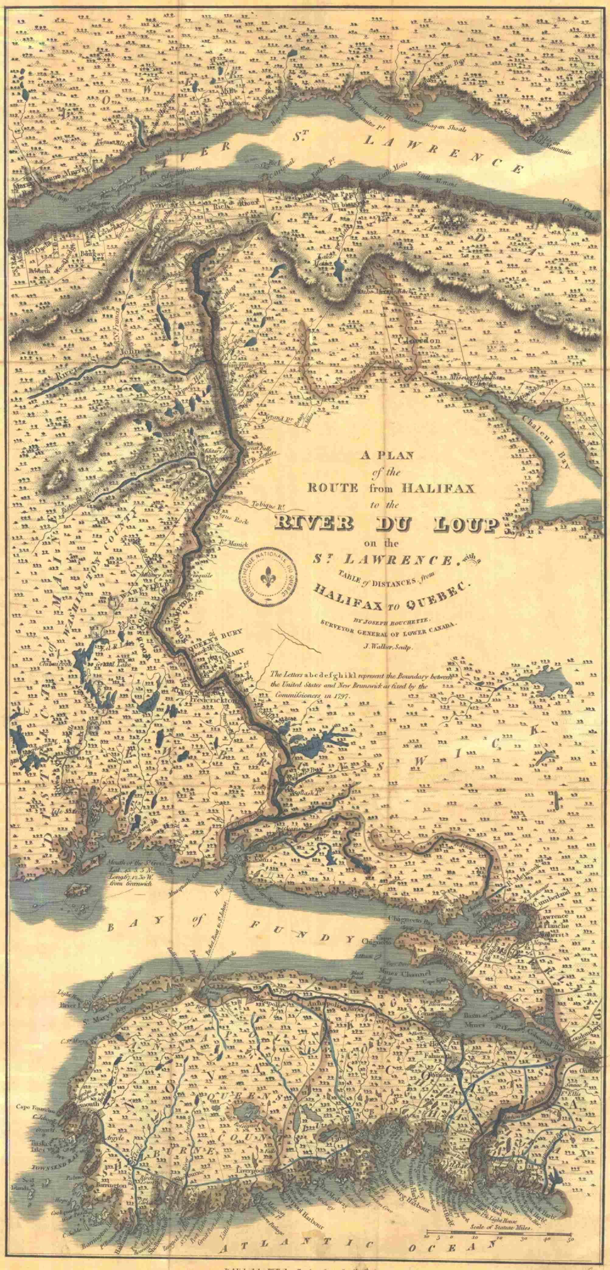 Carte ancienne du territoire compris entre l’embouchure du Saint-Laurent, au nord, et l’océan Atlantique, au sud (en anglais).