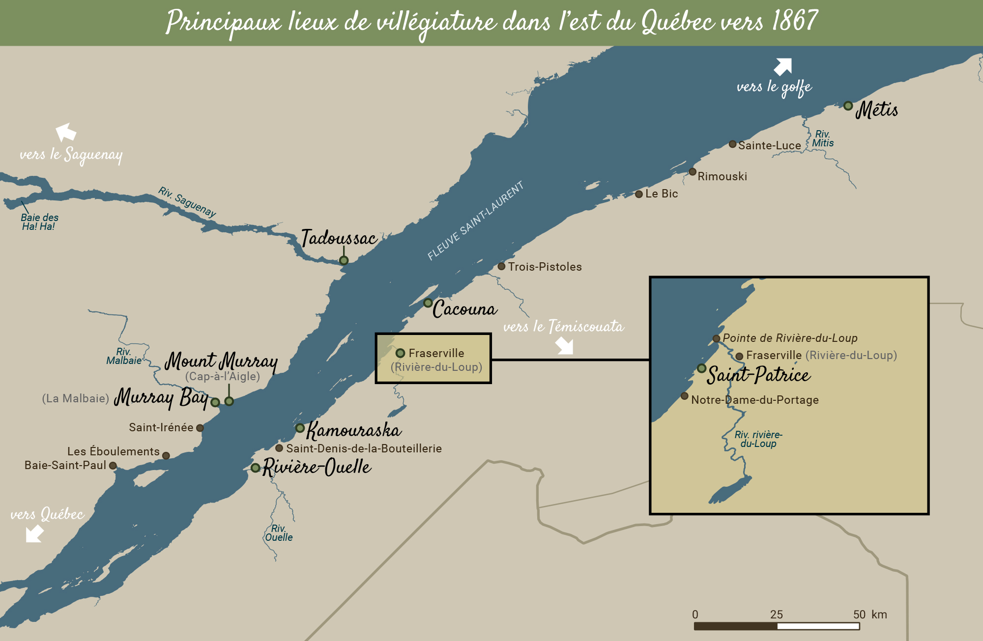 Carte de l’estuaire en couleurs. Zoom sur les stations balnéaires de la région de Rivière-du-Loup.