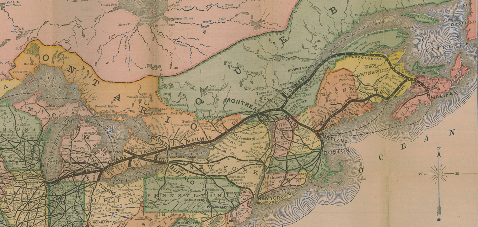 Carte ancienne en couleurs illustrant l’étendue du réseau ferroviaire du Grand Tronc entre Chicago et Halifax.