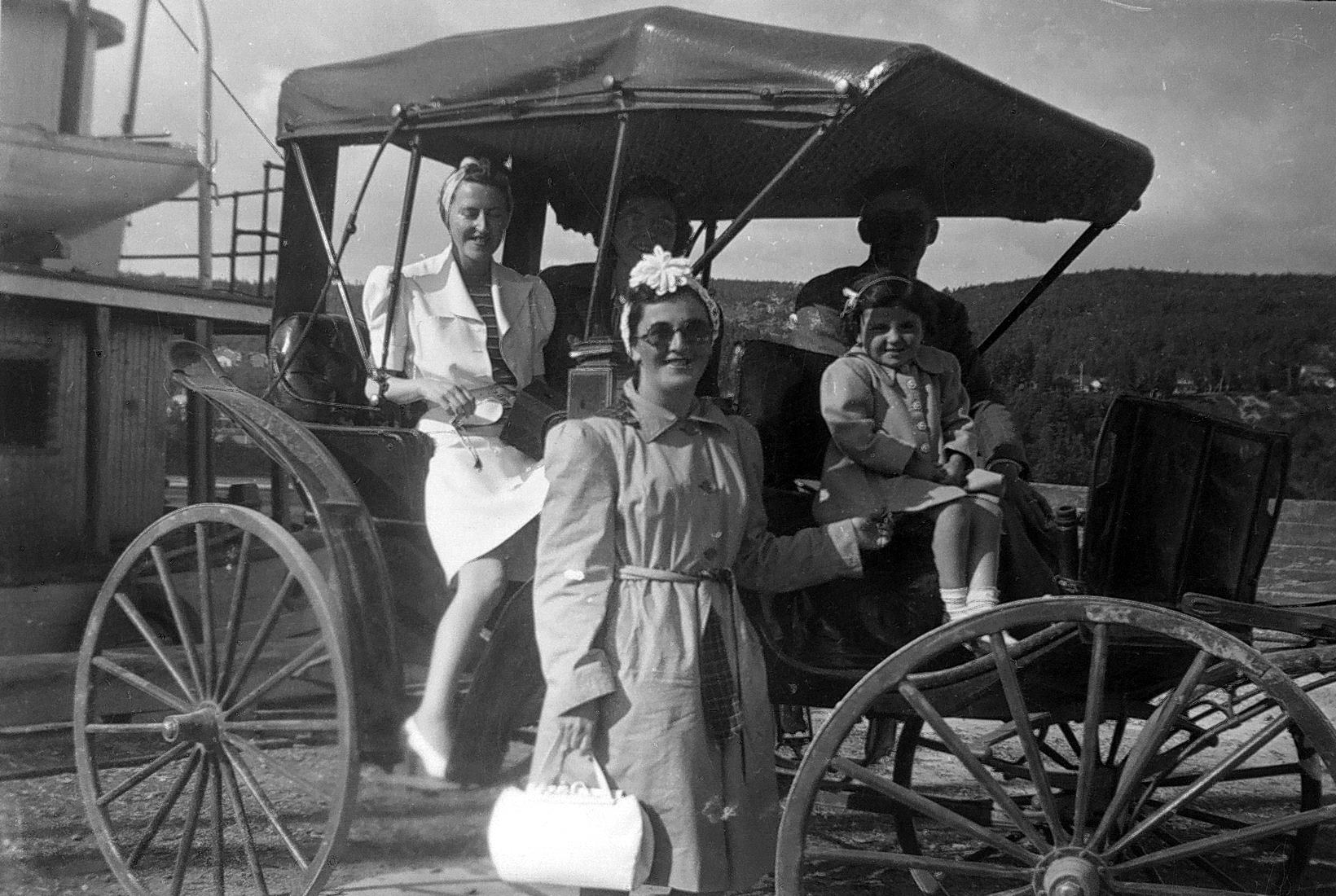 Travellers getting ready for a trip in a horse-drawn carriage near a wharf.