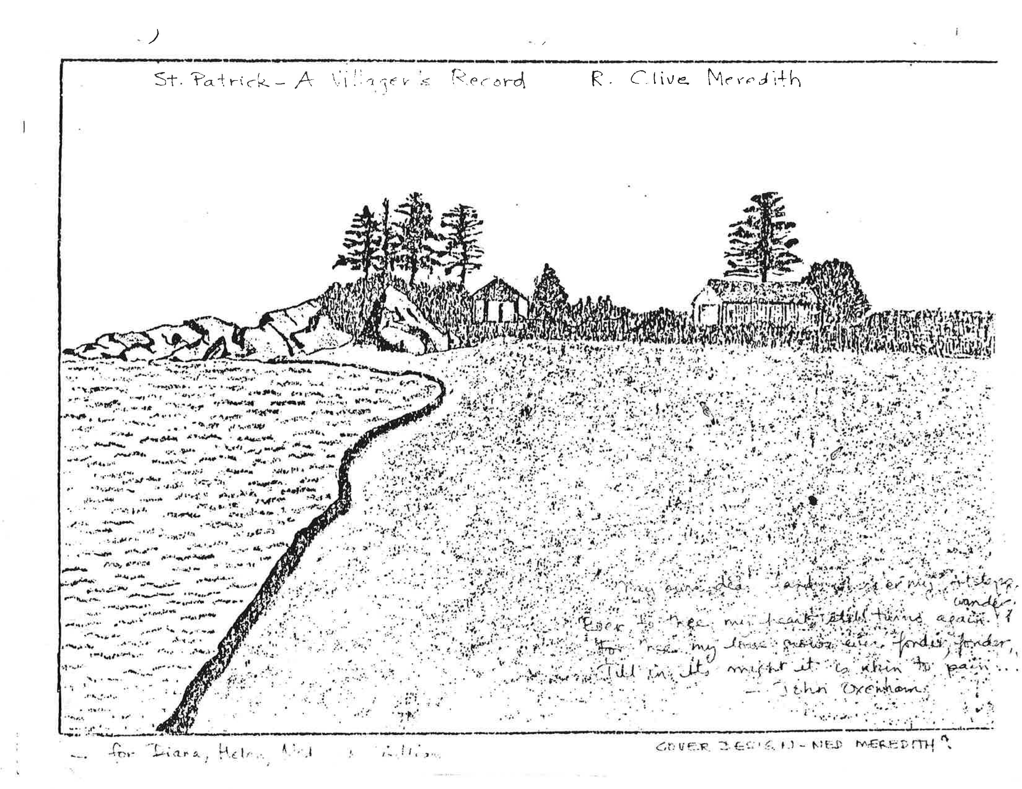 Photocopied drawing of a beach, trees and bushes, and a few buildings on the shore.