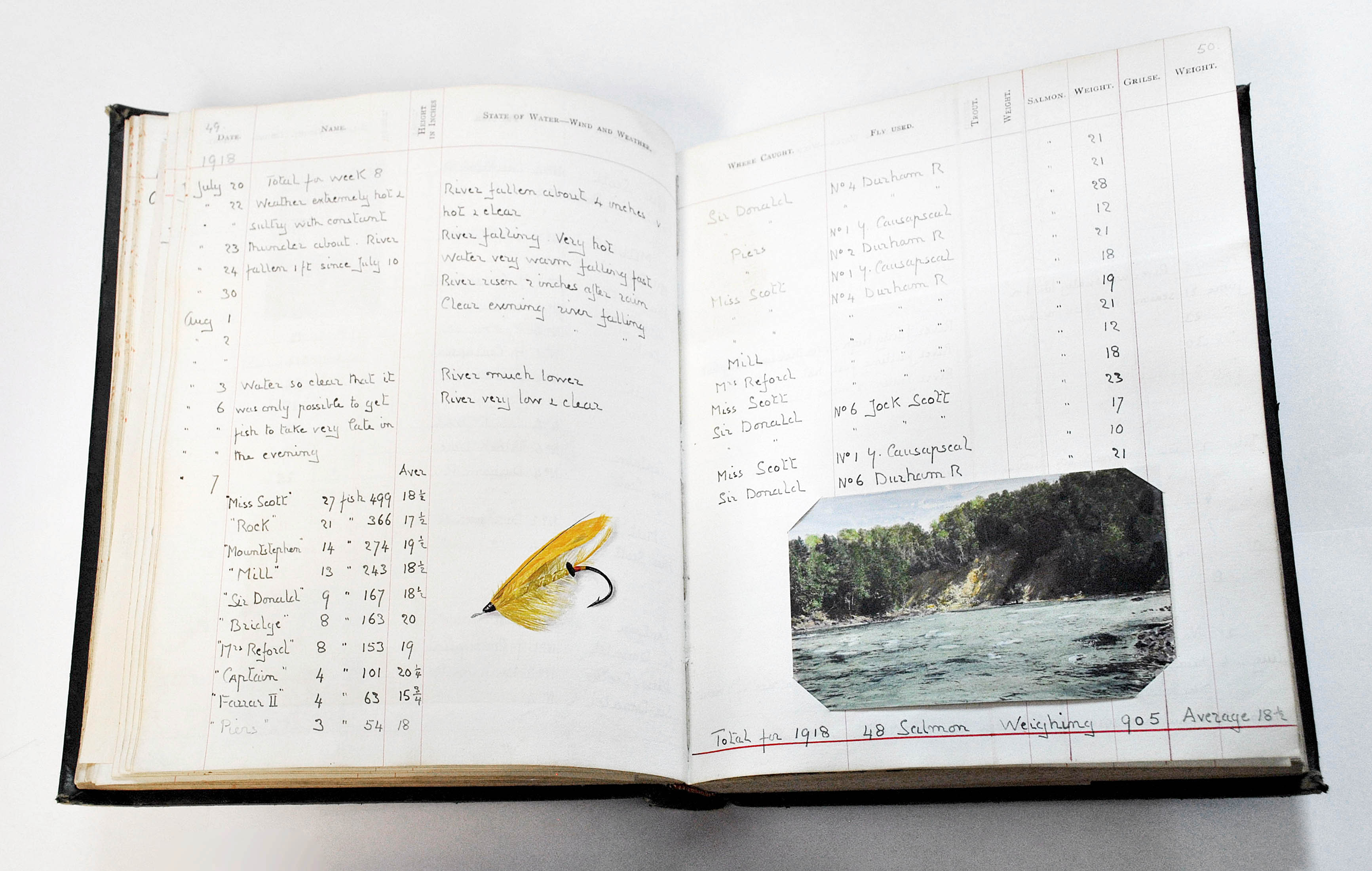 Cahier de notes manuscrit où une mouche à pêche a été collée, de même qu'une illustration en couleur.