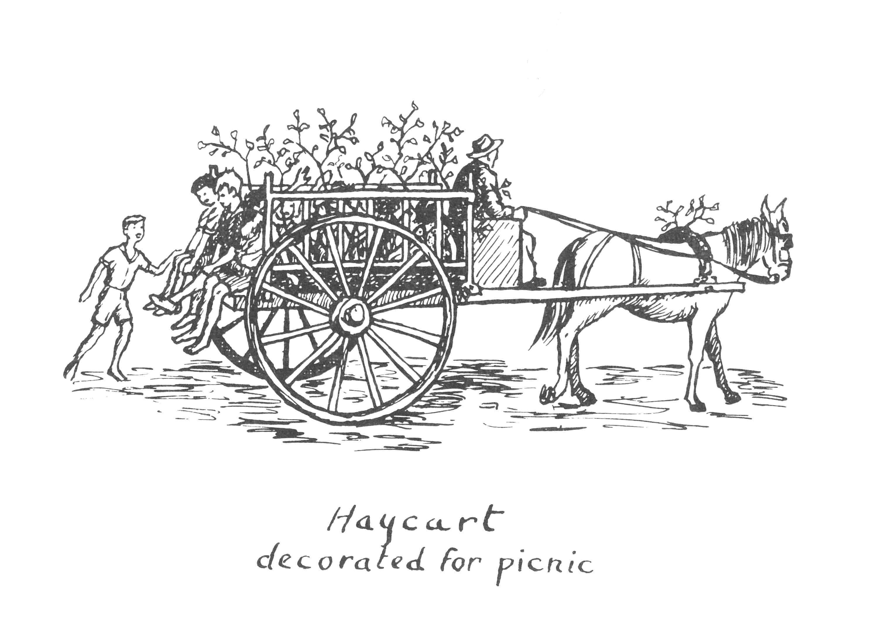 Dessin à l'encre d'enfants en balade dans une voiture à cheval à deux roues décorées de branches.