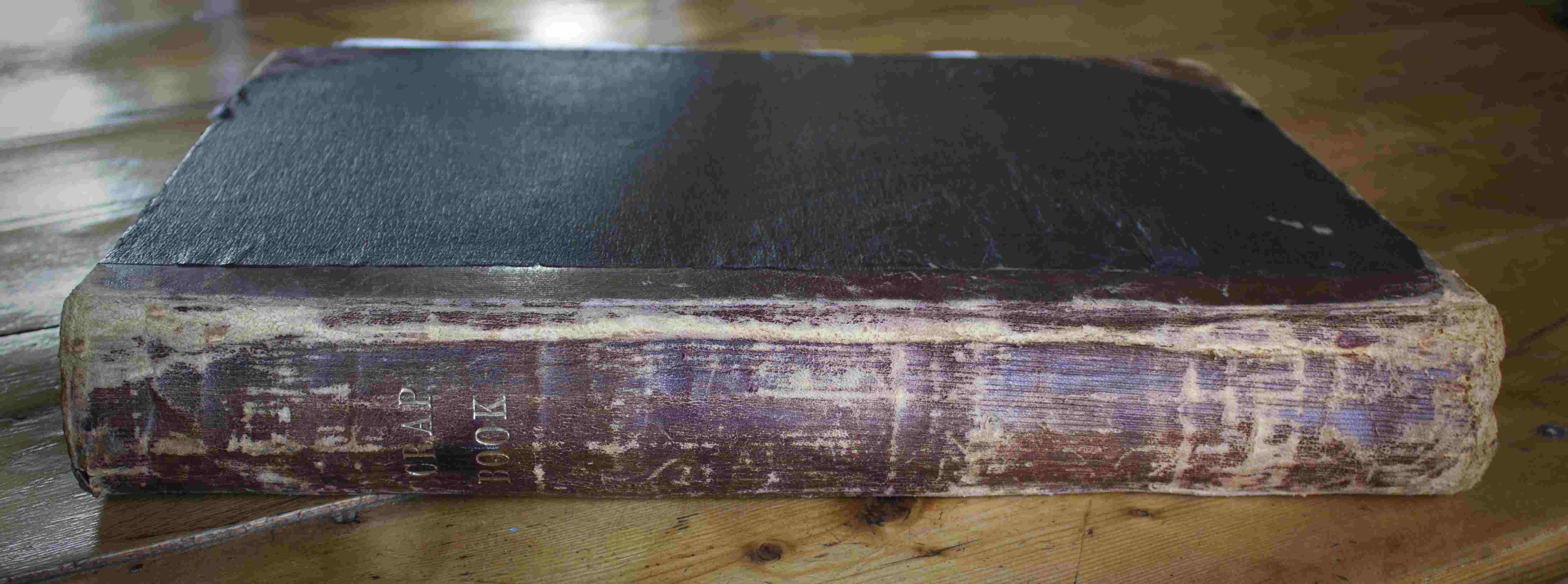 Photograph of an old book binding.