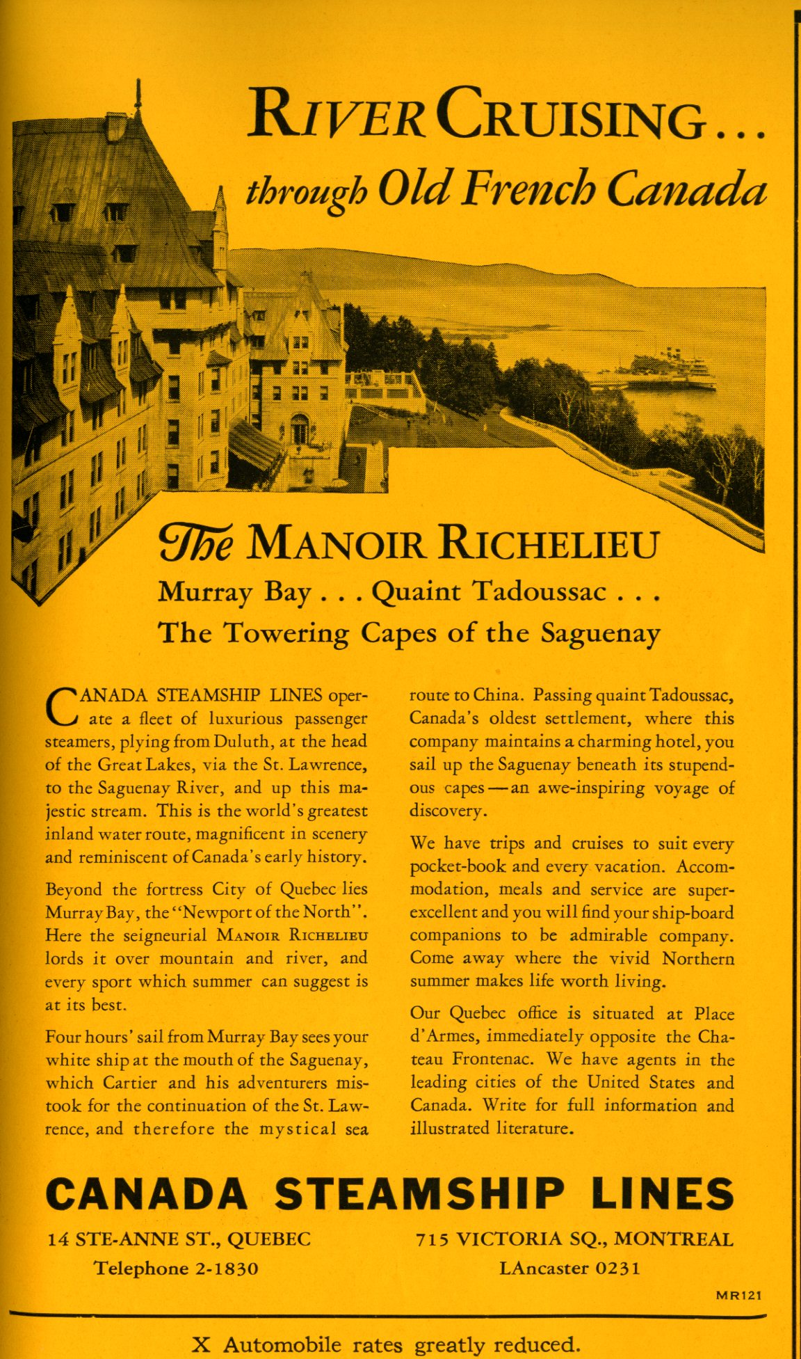Advertising for the Manoir Richelieu hotel, showing the wharf at Pointe-au-Pic and a cruise steamer in the background.