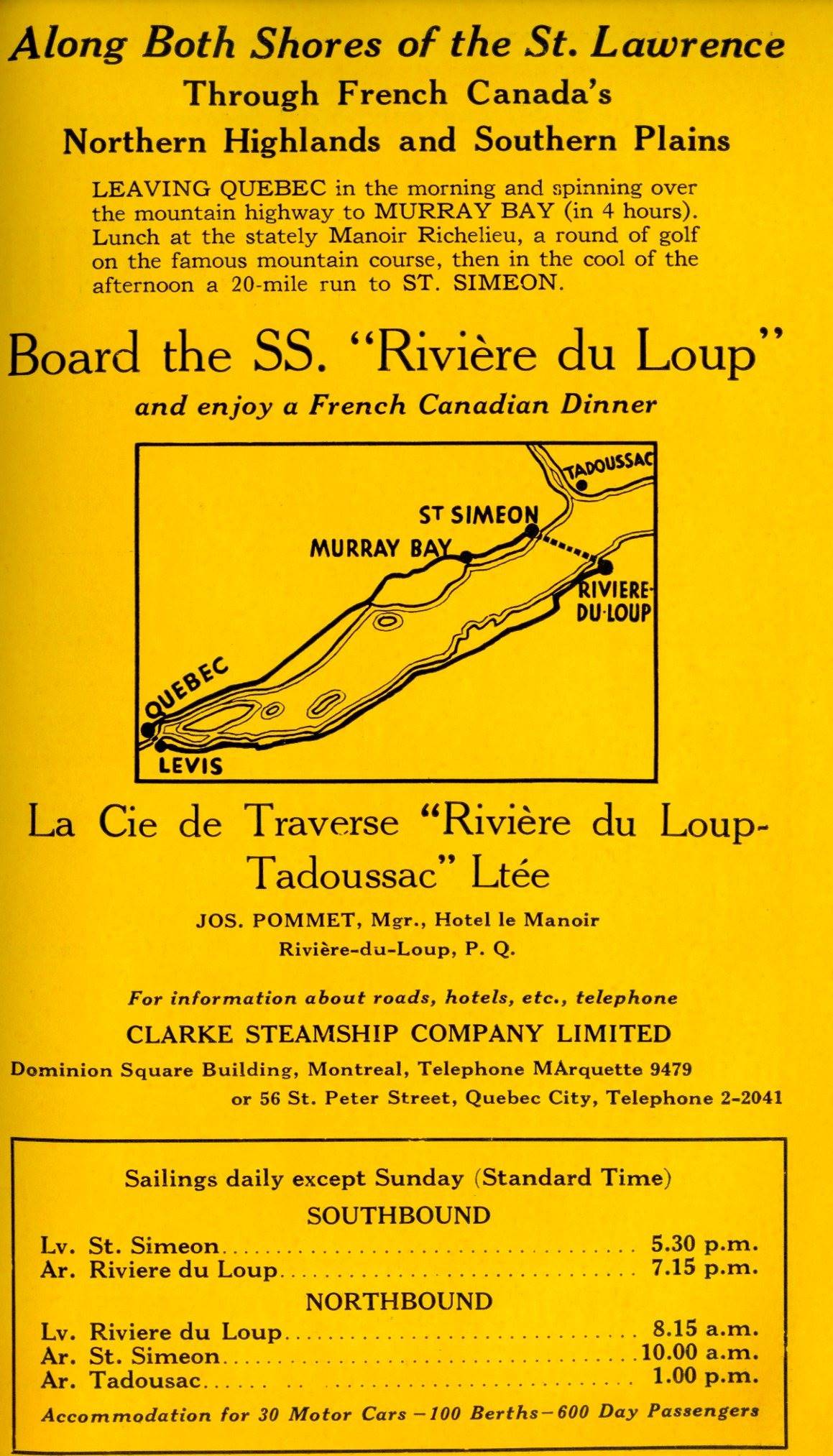Publicité en anglais d’un service de traversier. Une carte présente une suggestion de trajet de voyage dans l’est du Québec.