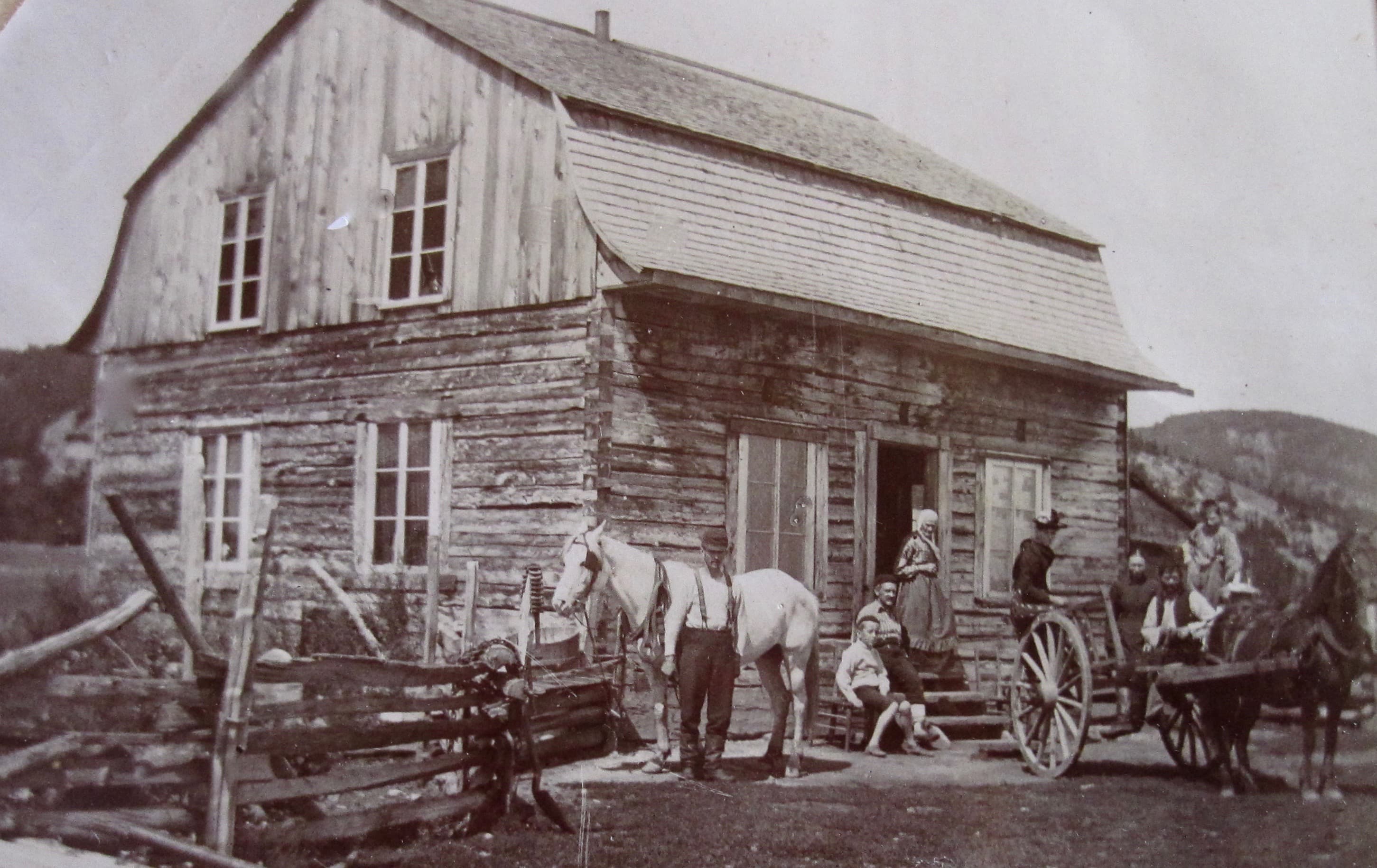 Several people are in front of a log farmhouse. Two harnessed horses are at rest.