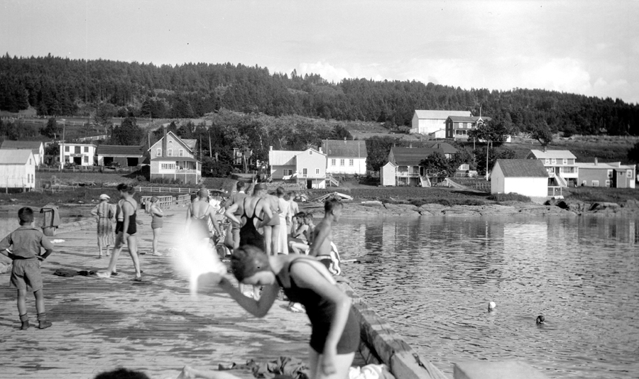 Des gens profitent de l’eau à partir d’un grand quai, en milieu rural.