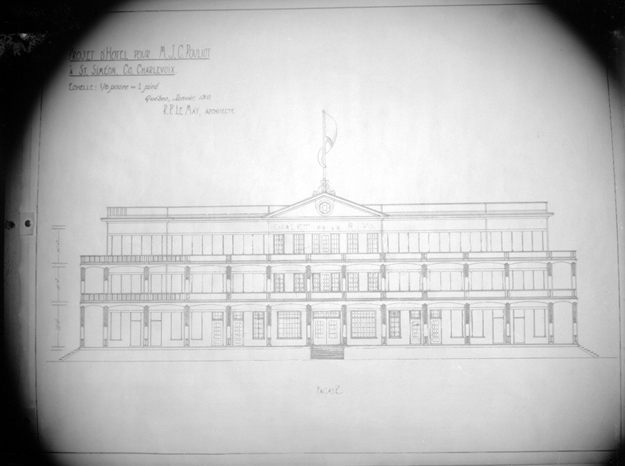 An architectural sketch of a hotel.