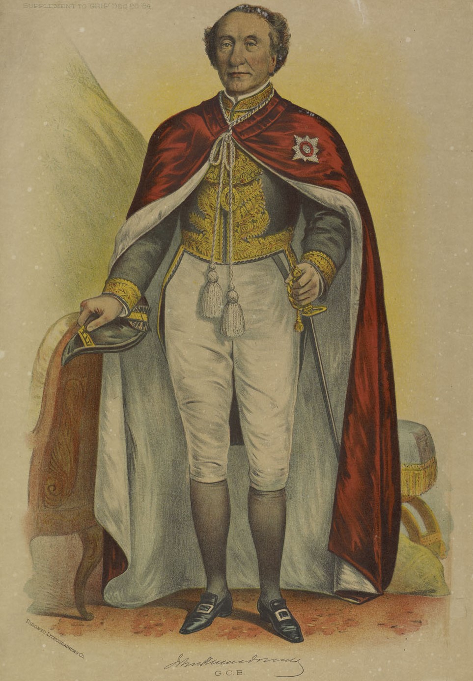Lithographie représentant un homme d’âge mur qui porte une cape rouge de style royal, la main à son épée.