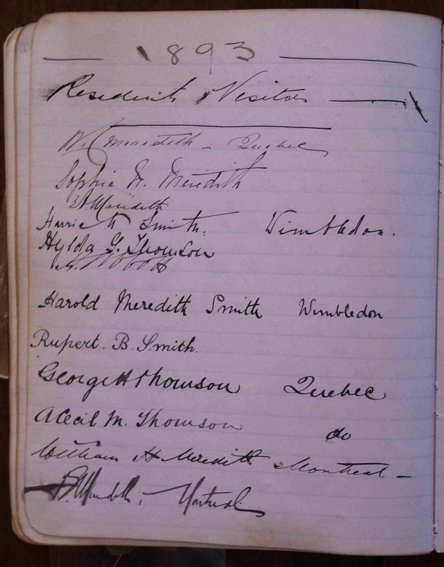 A page from an old diary, on which several names are written with a feather pen.