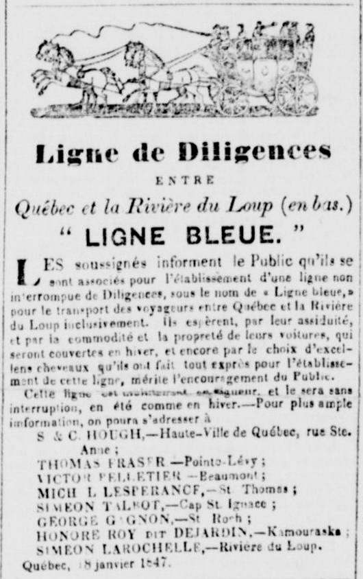 Publicité tirée d’un journal ancien dont le titre est précédé d’une image représentant une diligence tirée par quatre chevaux.