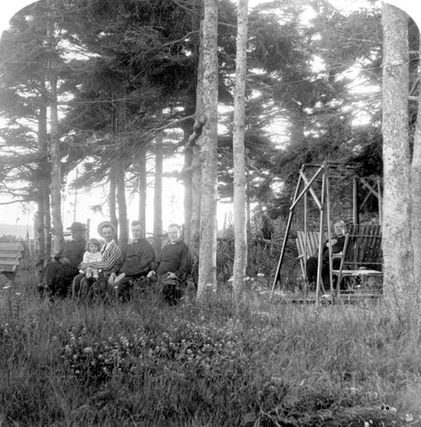 People sitting in a wooded rest area.