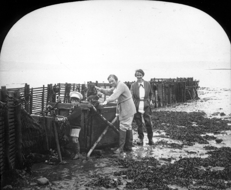 Two women and a small boy looking at the contents of a weir fishery.