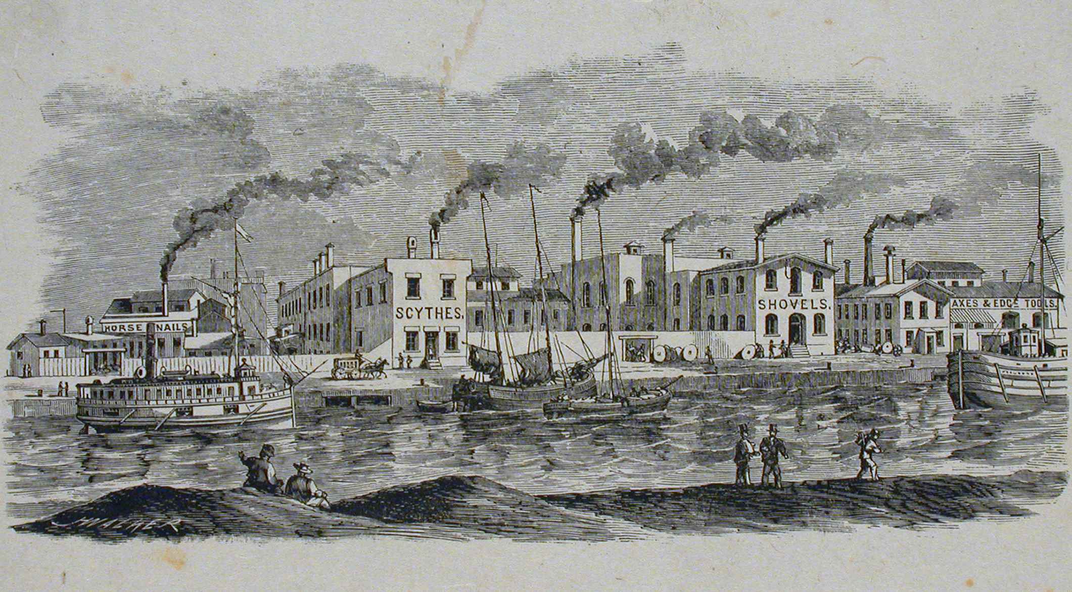 Gravure présentant des usines tout près d’un port où circulent des bateaux à voile et un bateau à vapeur.