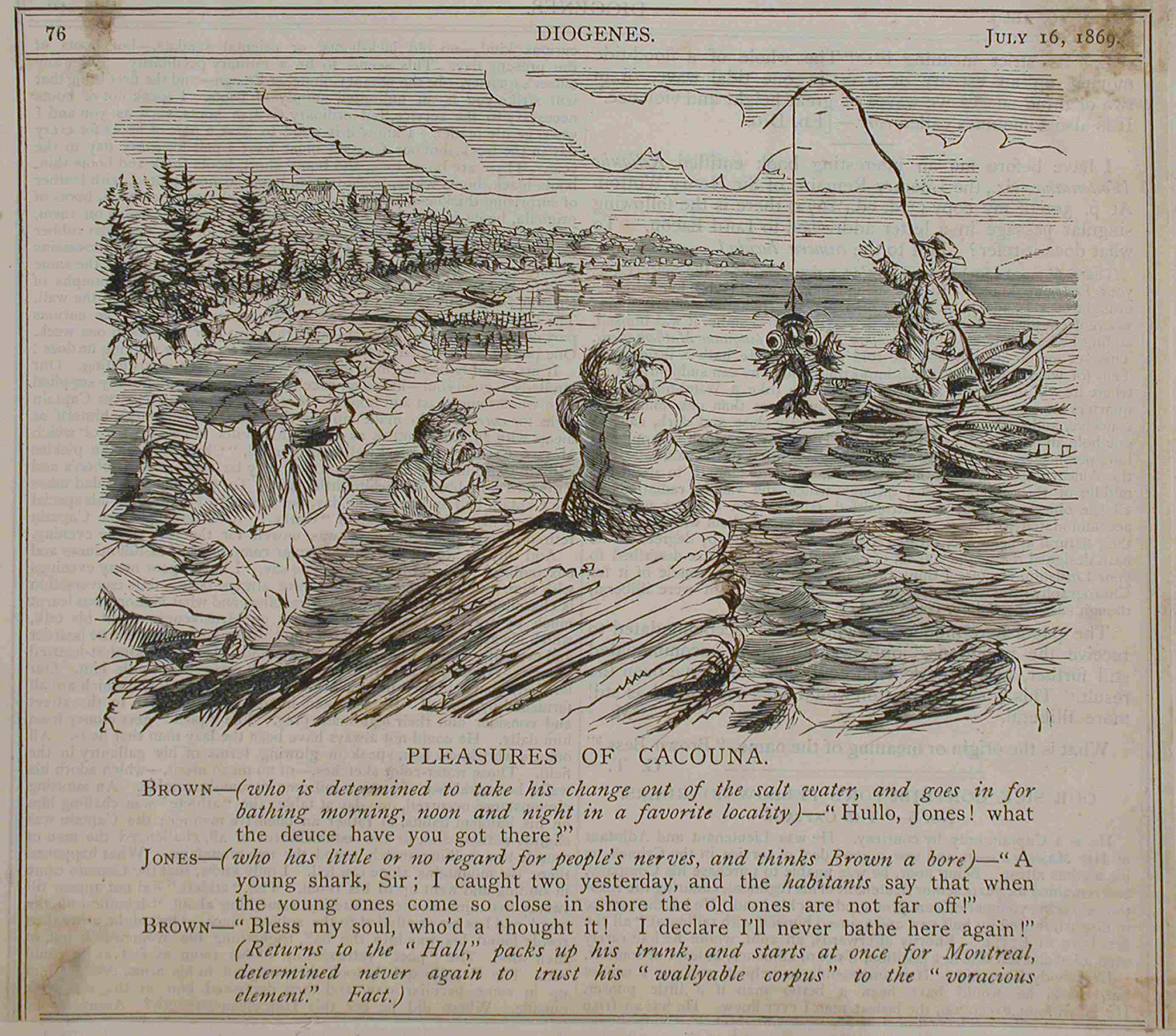 Caricature en anglais représentant un nageur qui discute avec un pêcheur debout dans sa chaloupe, un poisson au bout de ligne.