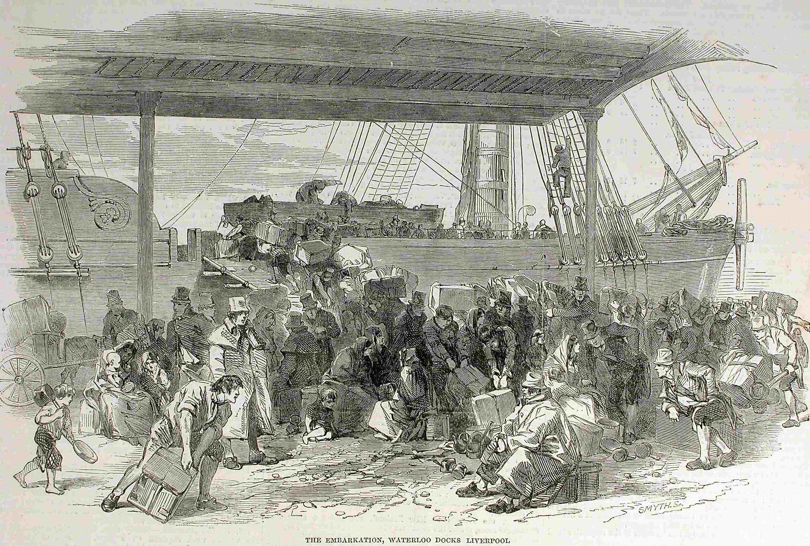 Engraving of a dock where a crowd is boarding a sailing vessel with an impressive amount of baggage.