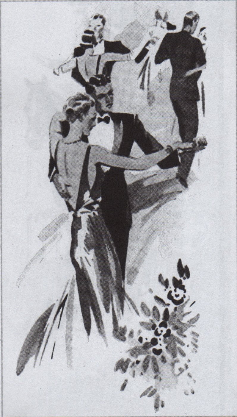 A China ink drawing showing four elegant couples dancing. The men are wearing tuxedos.