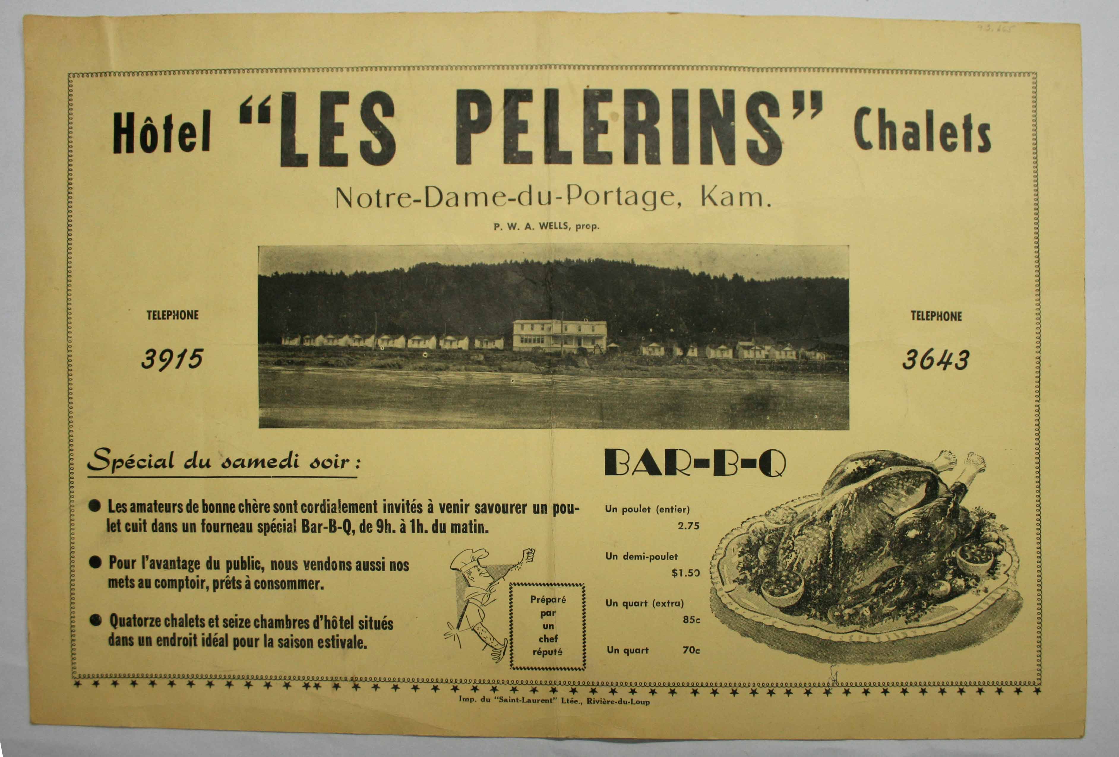 Printed on a placemat, this ad praises of the meals, rooms and cabins at Hôtel Les Pèlerins.