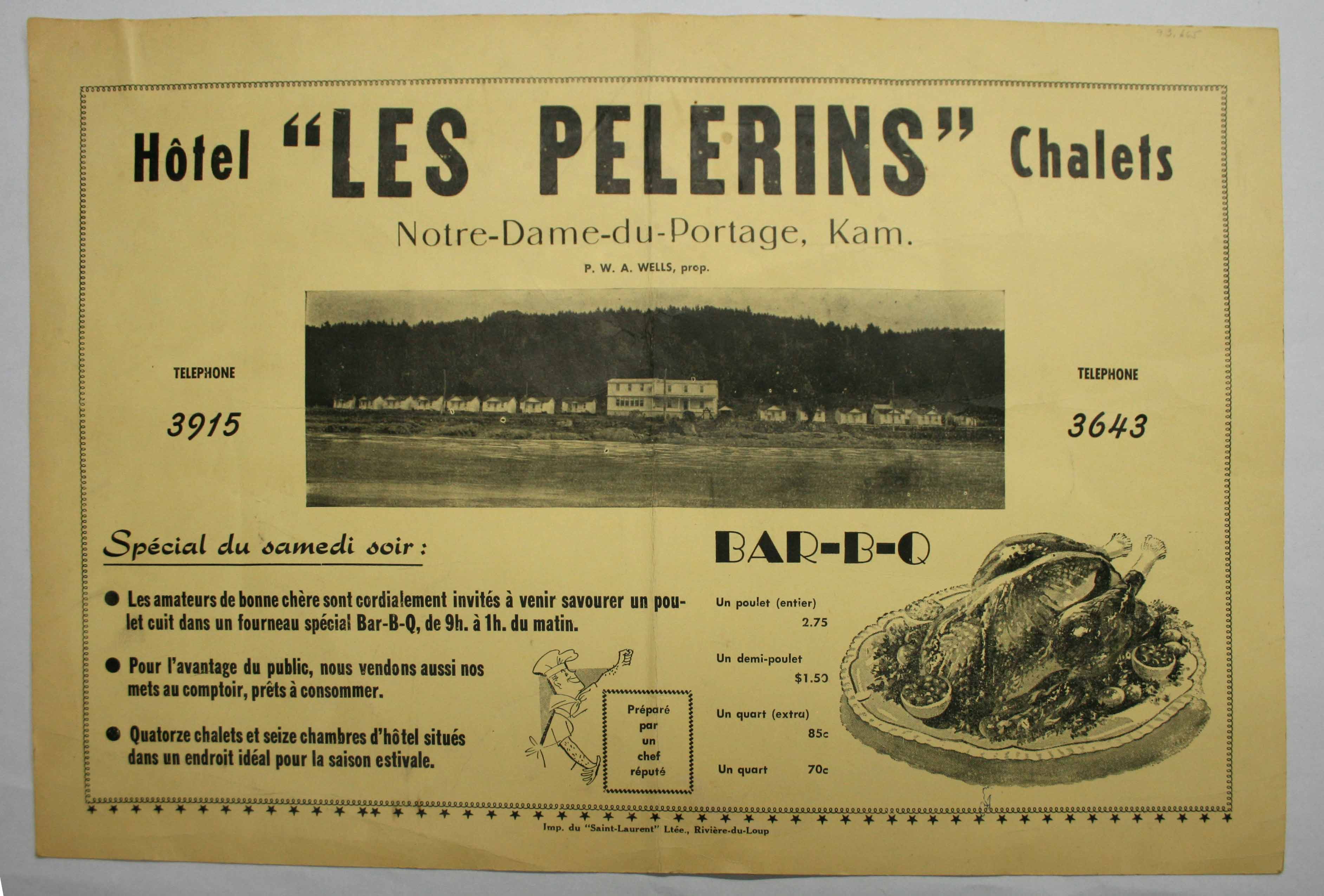 Publicité de format napperon de l’hôtel Les Pèlerins : promotion du menu, des chambres et des chalets à louer.