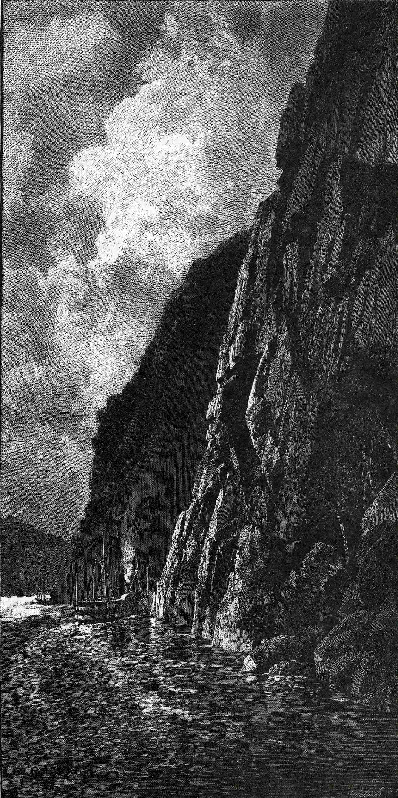 Engraving of a cruise steamer at the foot of a huge cliff.