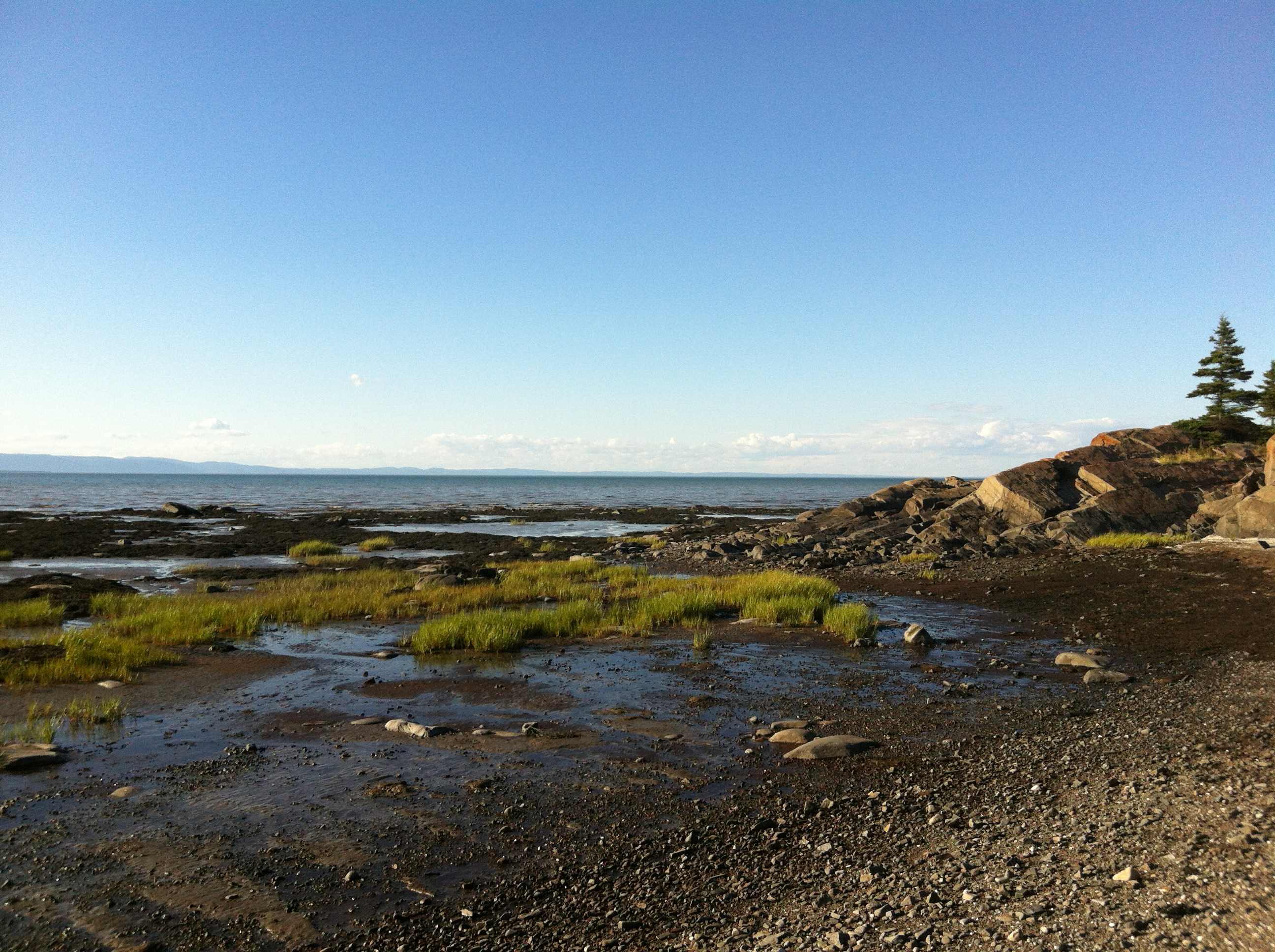 Paysage naturel : une plage marécageuse bordée de rochers, le fleuve et, sur l’autre rive, les montagnes de Charlevoix.