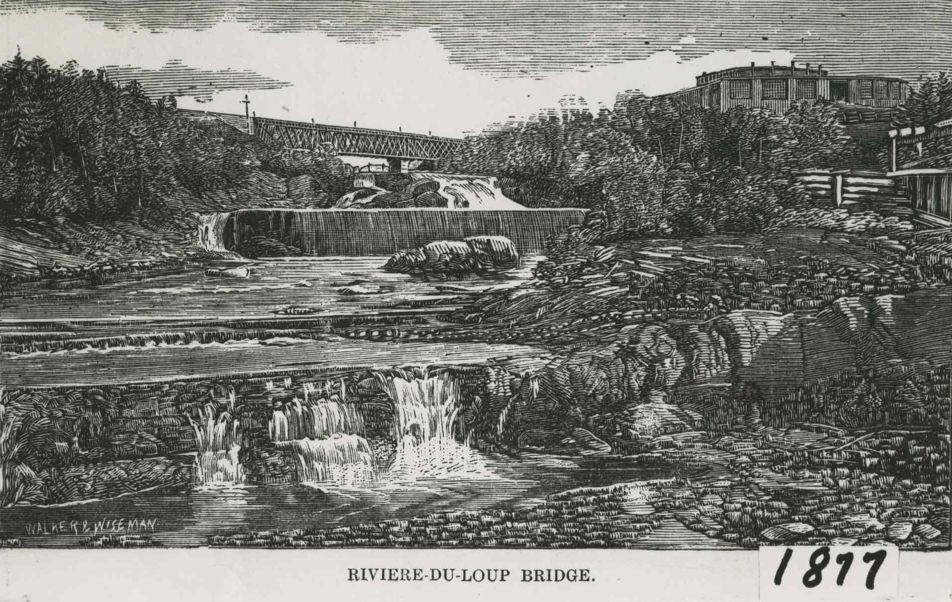 Gravure représentant un pont ferroviaire surplombant les chutes d’une rivière.