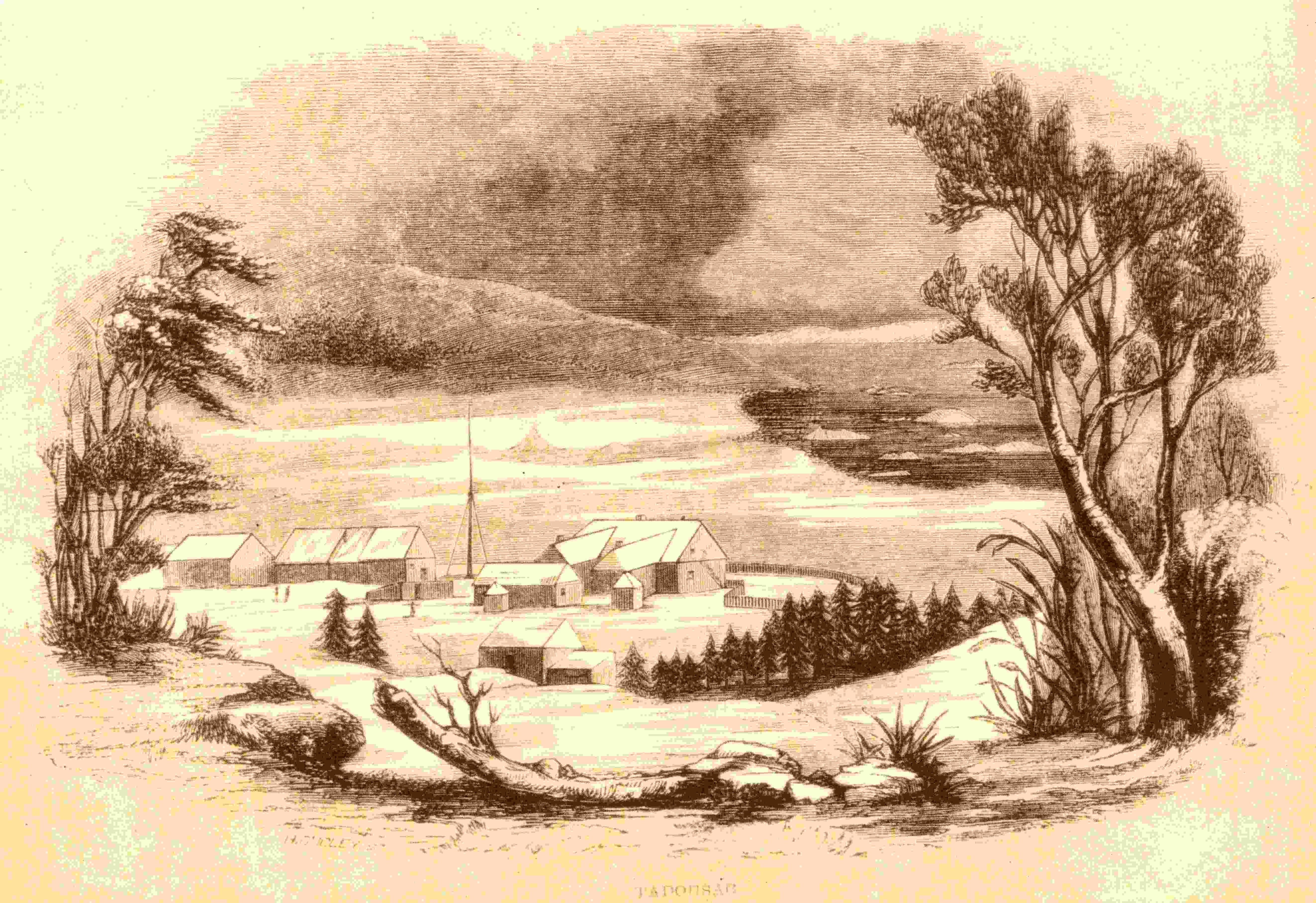 A drawing of several old buildings against mountains and near a waterway.