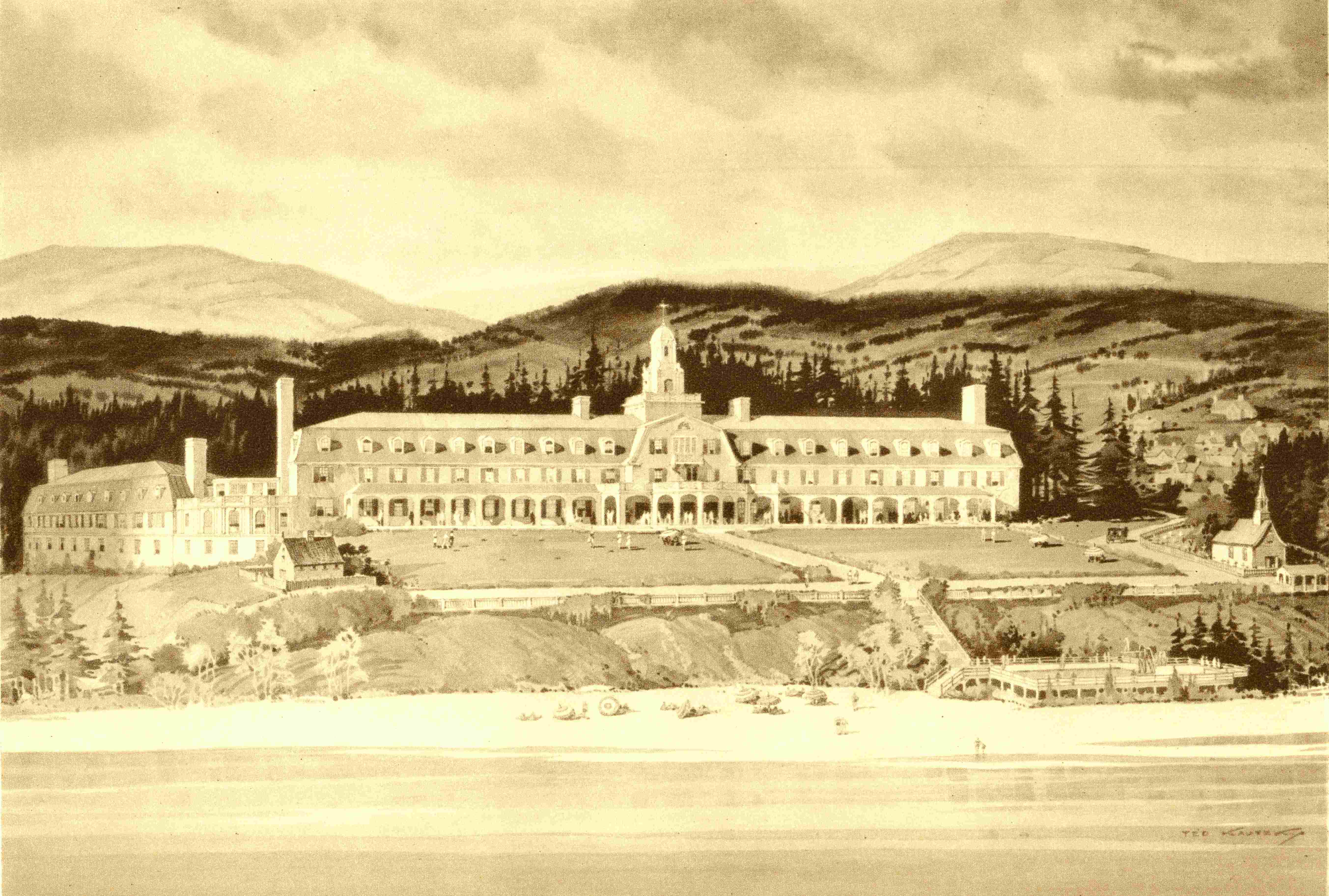 A watercolour showing a grand hotel built between beach and mountains.