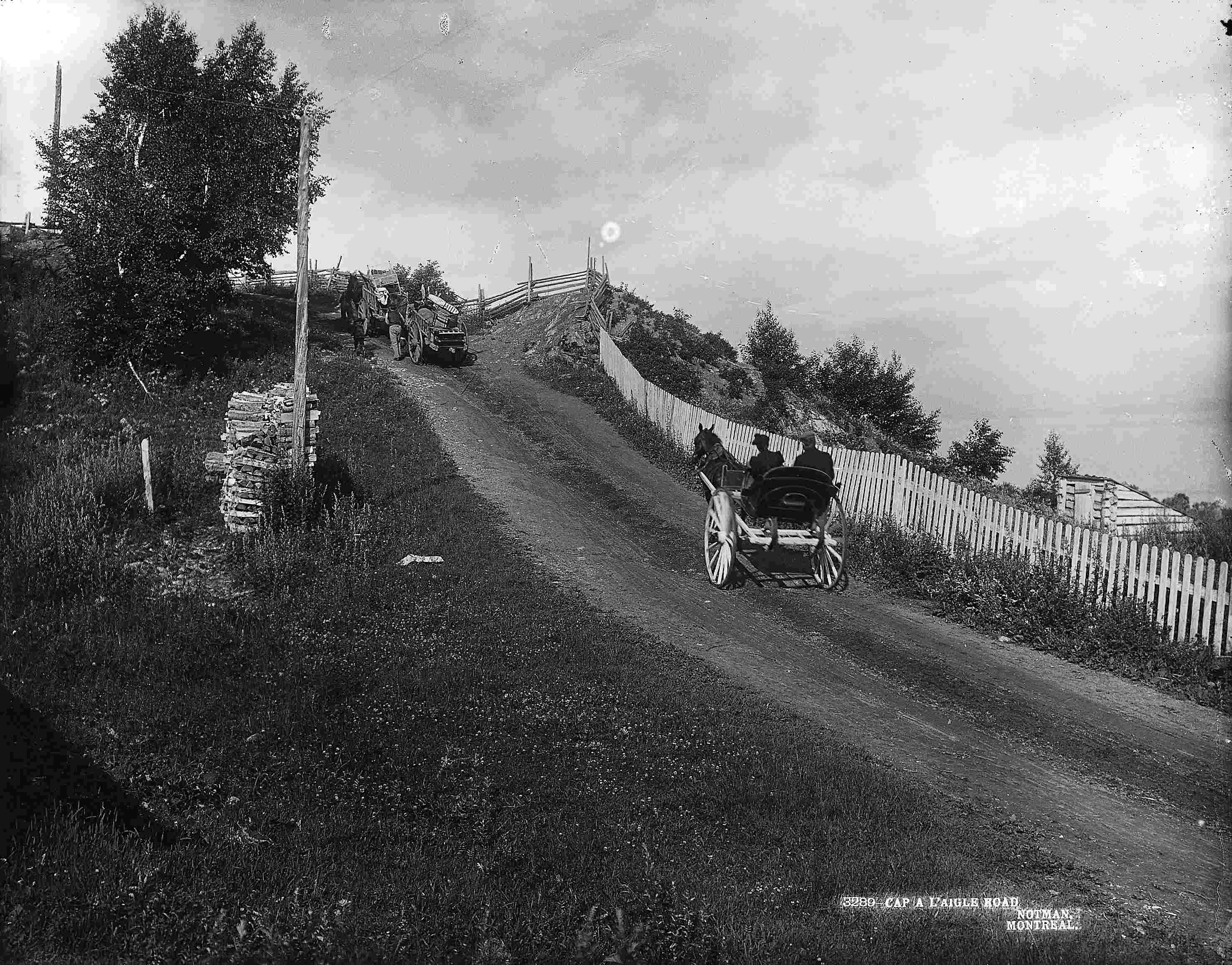 Trois voitures à chevaux grimpent une côte sur une route rurale, bordée par une clôture, à droite.